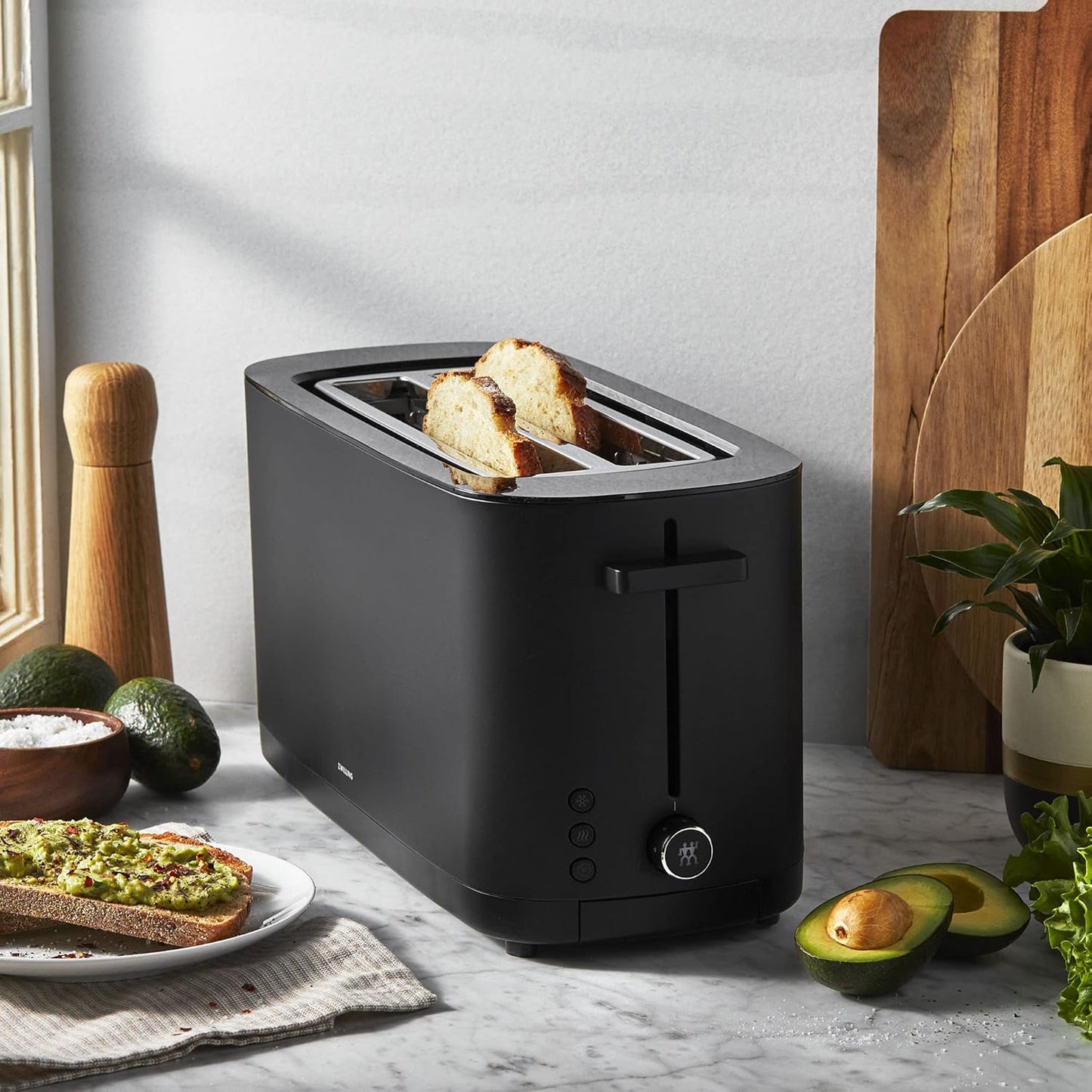 ZWILLING Enfinigy 4-Slice Long Slot Toaster - Extra Wide 1.5" Slots for Bagels & Toast | Black Finish