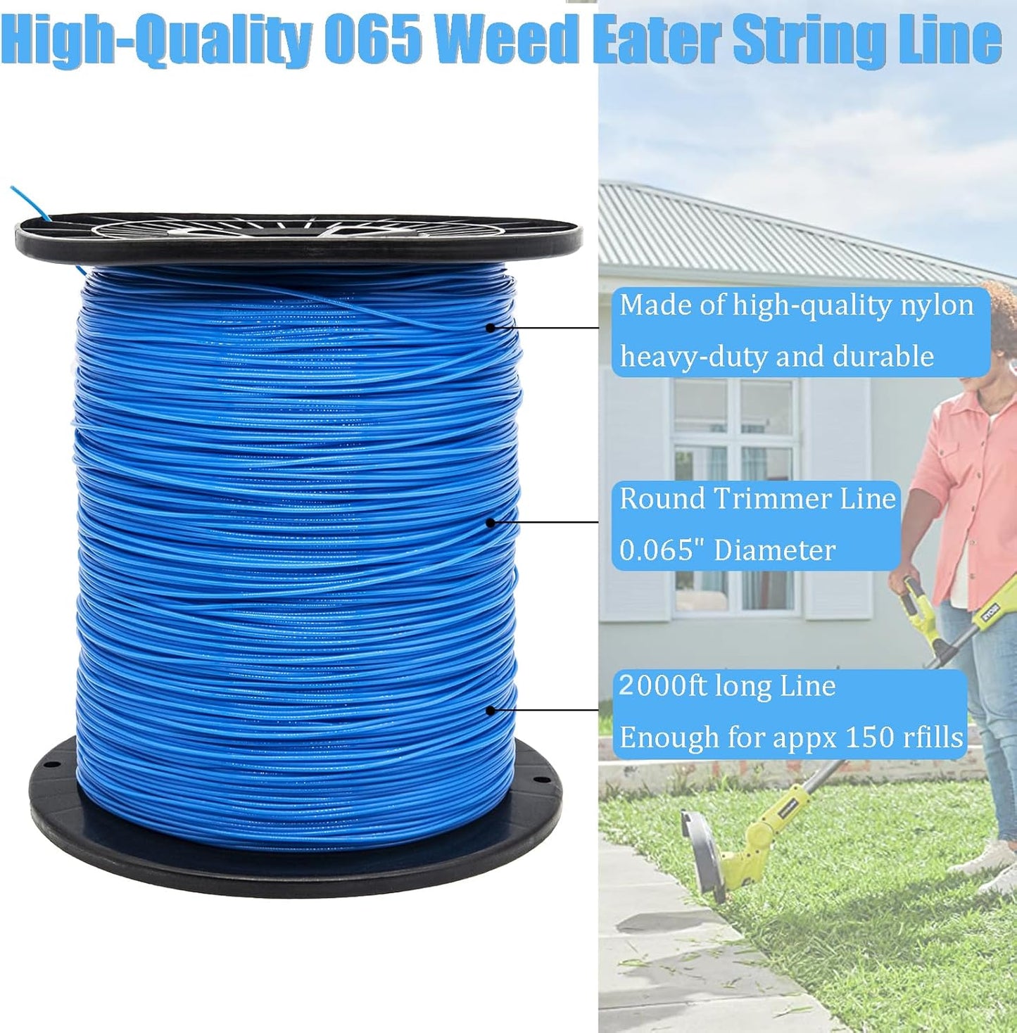 KAKO 065 Trimmer Line - Commercial Grade .065-Inch Round Weed Eater String | 2000 ft, Blue
