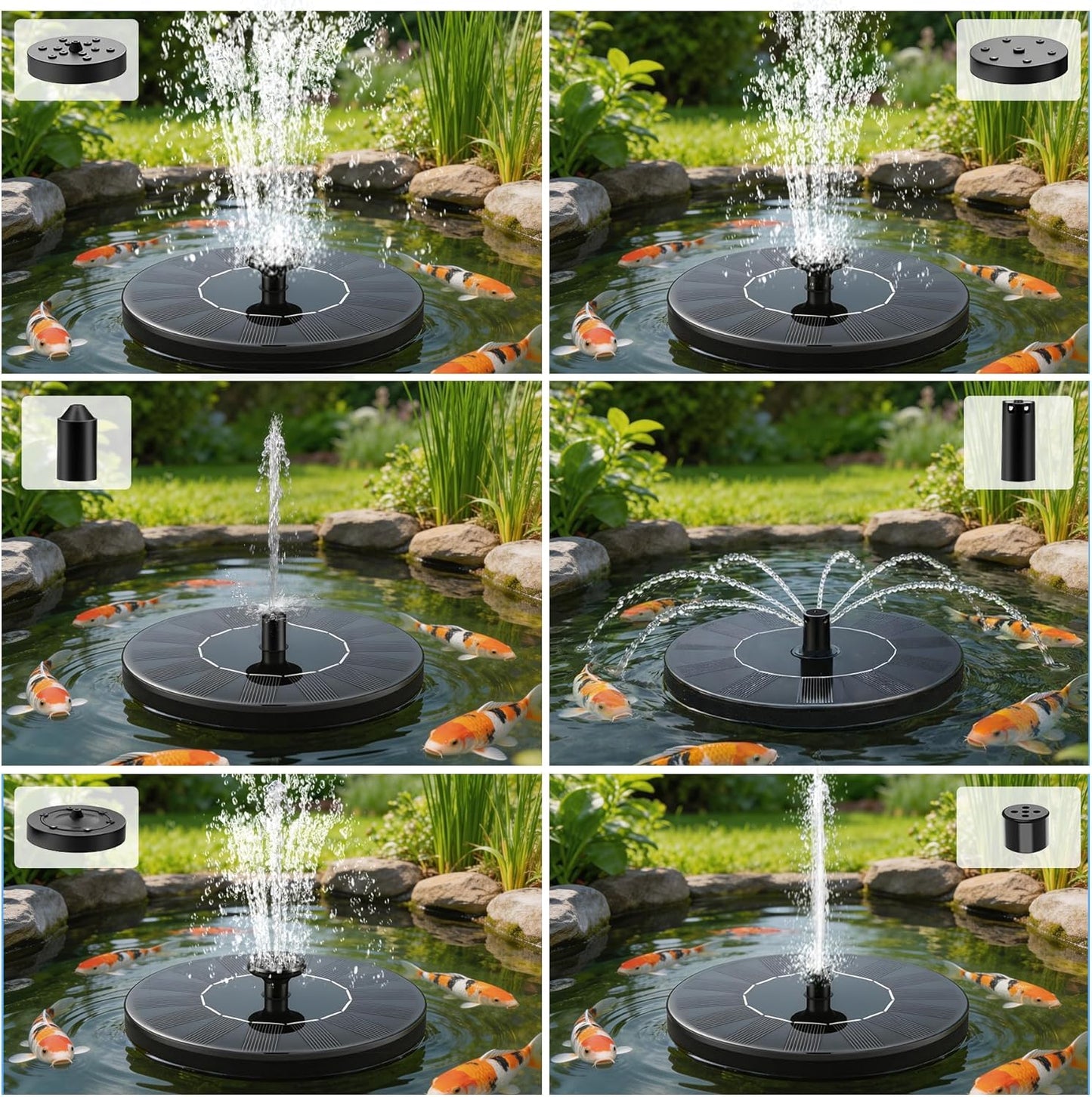 Skiennix Solar Fountain - Floating Water Pump with 6 Nozzles & 4 Fixed Pipes for Bird Baths, Gardens, Ponds, Pools