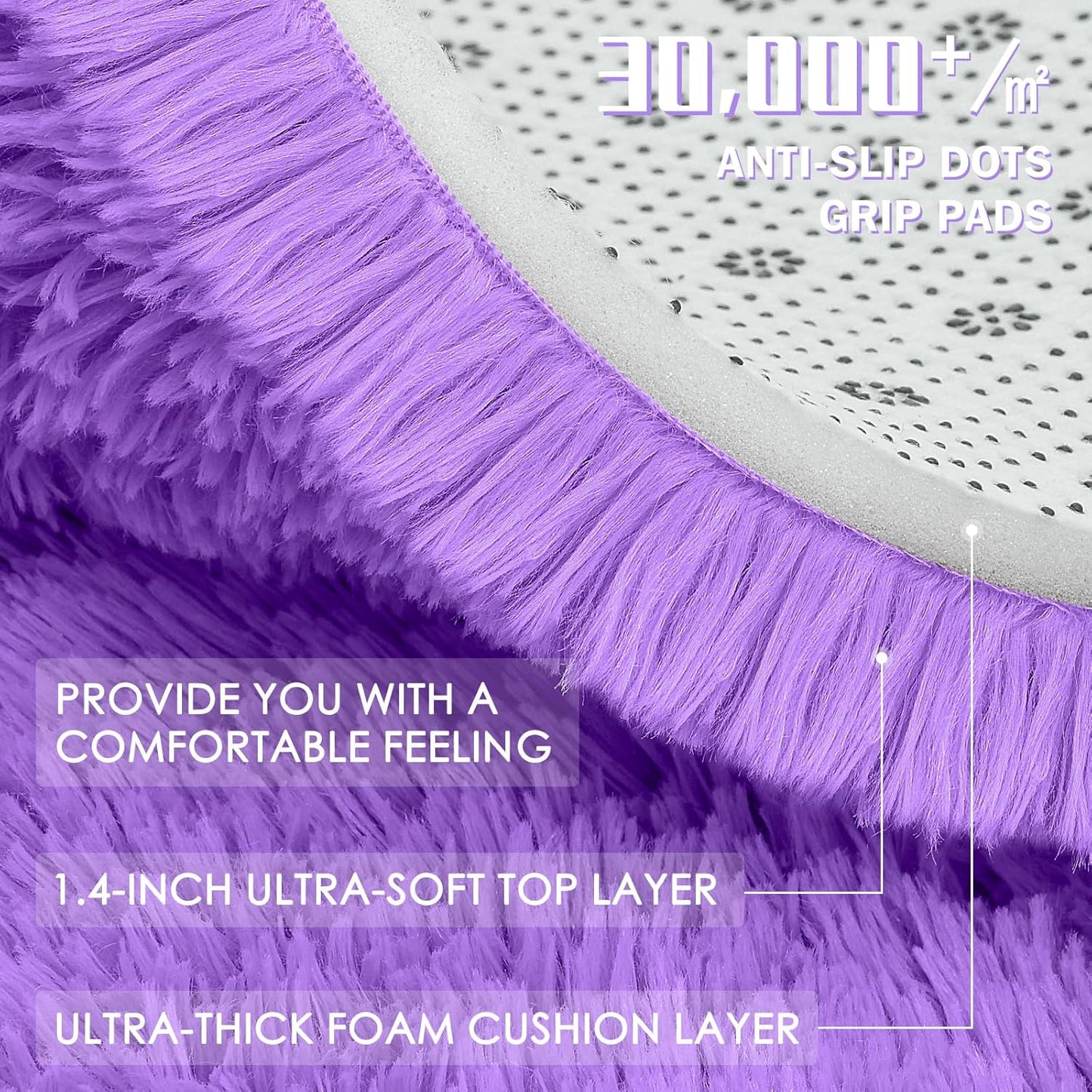 OLANLY Purple Round Area Rug - Soft & Fluffy Shaggy Carpet, 3 ft Circle for Bedroom & Living Room Decor