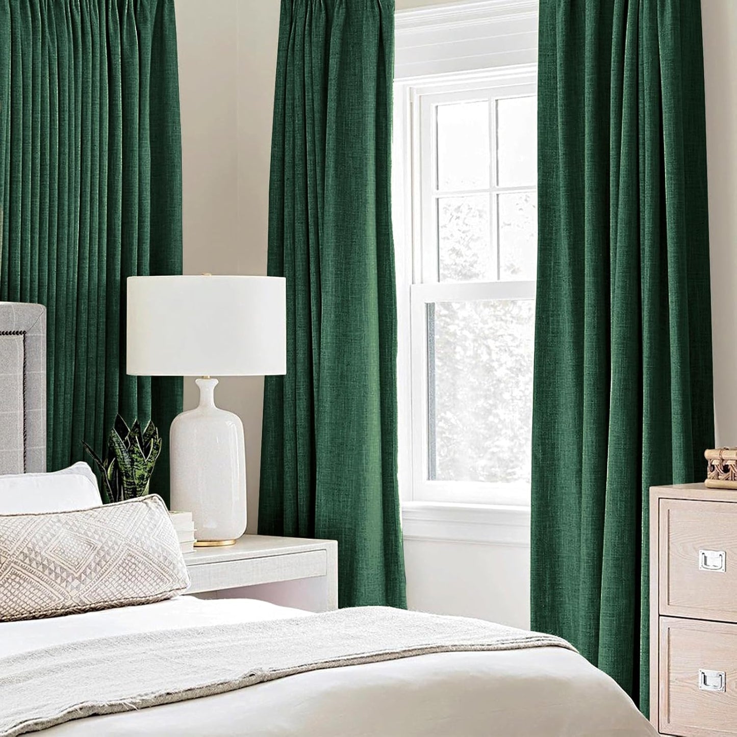 MIULEE 100% Blackout Linen Curtains - Thermal Insulated Emerald Green Drapes | 52 x 96 Inch (2 Panels)
