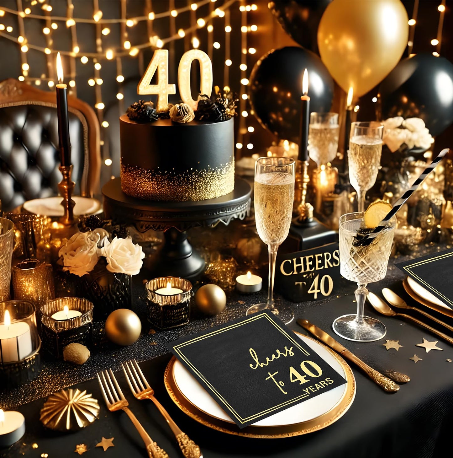 Ottin Black Cheers to 40 Years Cocktail Napkins, 5x5 Inches, 50 Counts, 3-Ply Disposable Gold Foil Party Napkins for 40th Birthdays Decorations, Anniversaries, Weddings