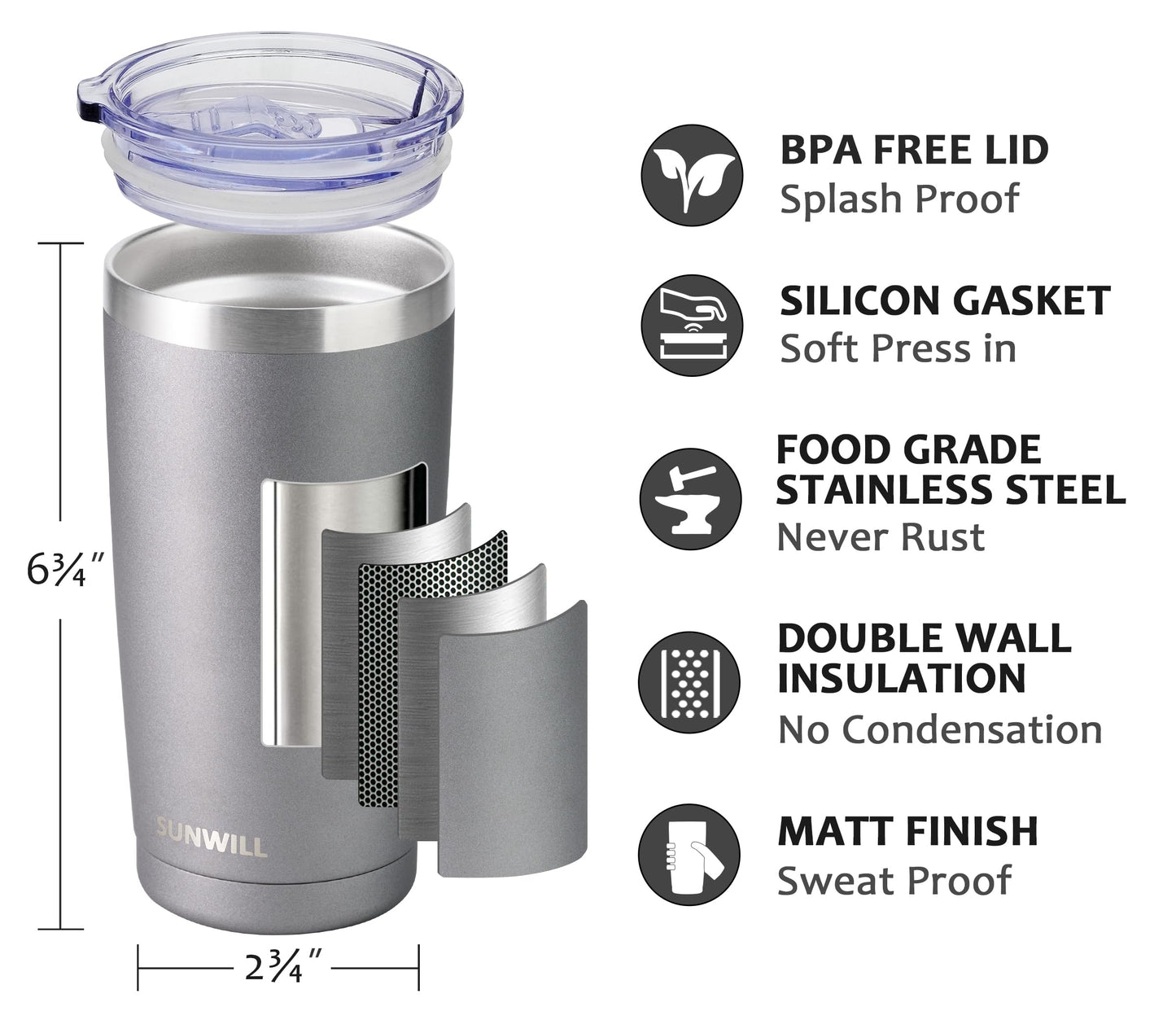 SUNWILL Travel Coffee Tumbler 20 oz, Insulated Mug with Lid, Stainless Steel Cup for Hot and Cold Drinks, Cool Grey