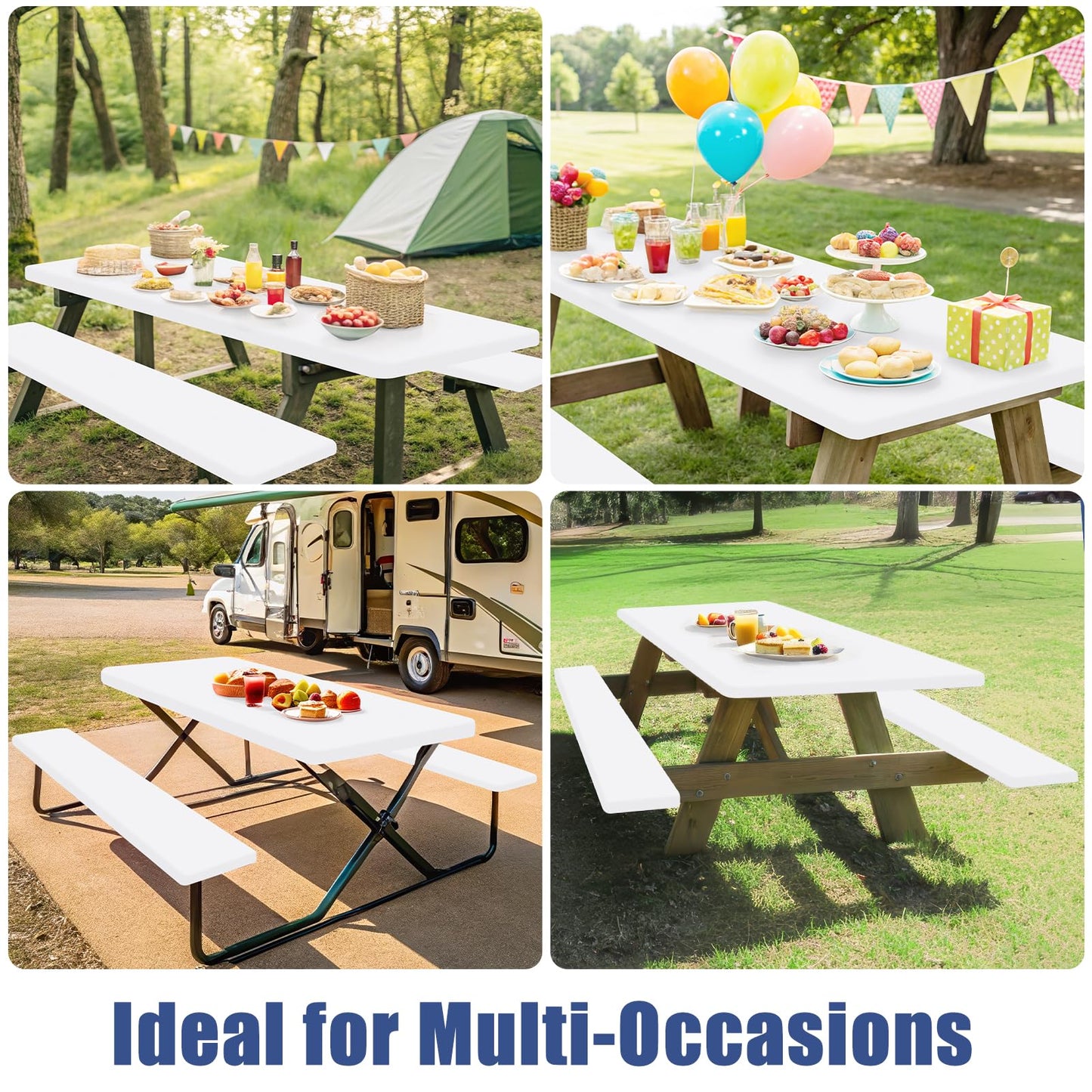Moosfor Picnic Table Cover with Bench Covers, Elastic Fitted Spandex Tablecloths for 6 Foot Rectangle Tables, Stretch Washable Patio Tablecloth for Outdoor, Camping (White, 30"x72")