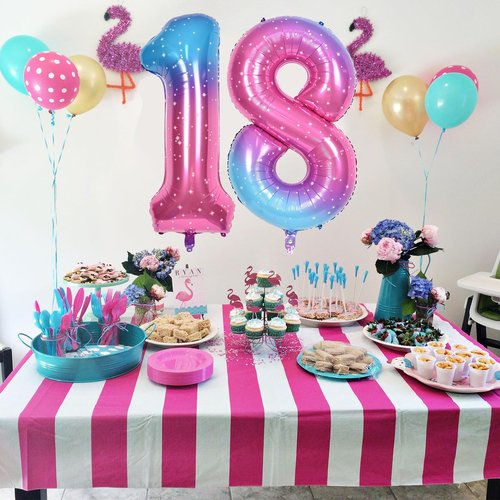 Gradient Blue Pink 2 Balloons, 40 Inch Giant Helium Foil Number 0-9 Rainbow 2th Birthday Balloon for Girls, Self Inflating Starry Digit 2 Balloons for Women Anniversary Party Decorations Supplies