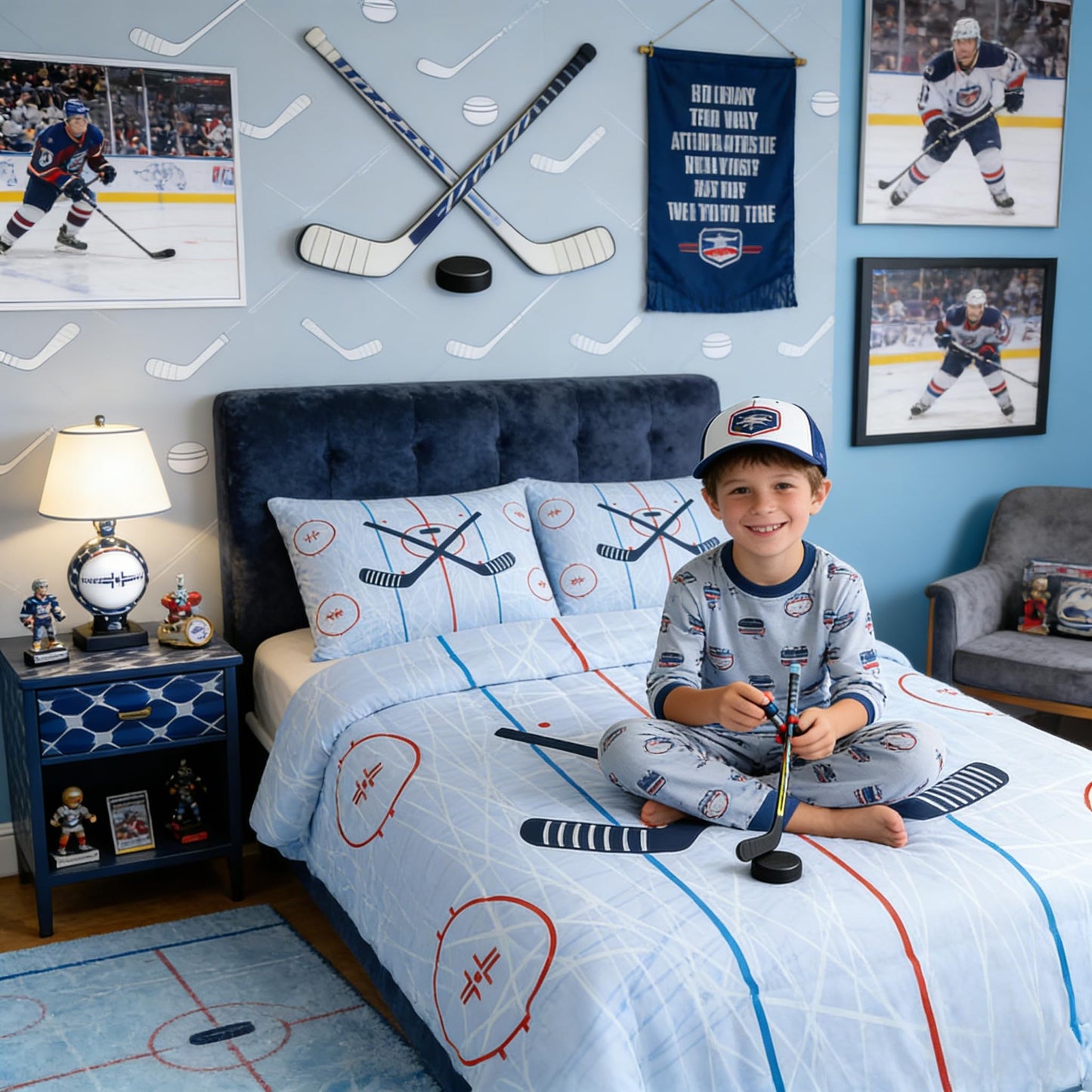 Ice Hockey Kids Comforter Set Twin Size,Hockey Stadium Rink Bedding Set,Boys Girls Adults Bedroom Decor,Winter Event Ball Games Lovers Down Comforter,Modern Stylish Duvet Insert,2pcs,1 Pillowcase