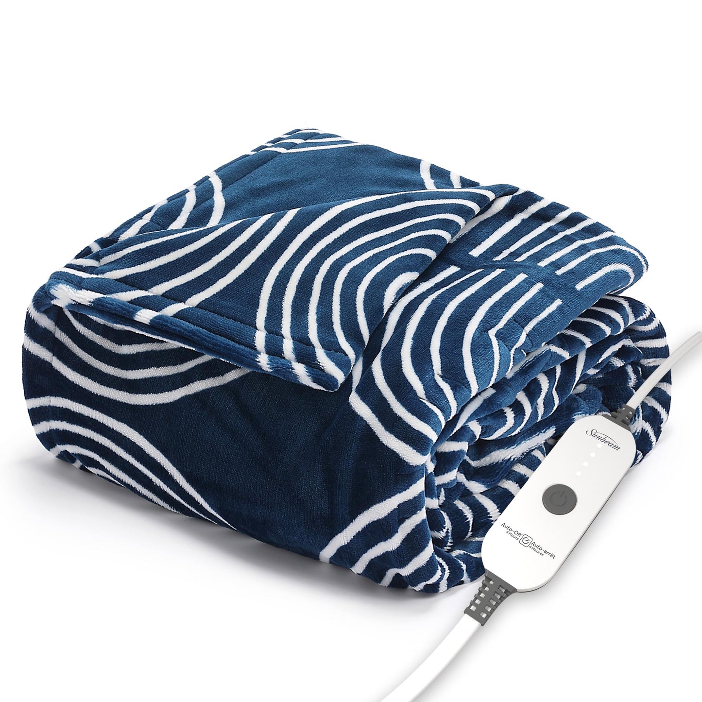 Sunbeam Ultimate Cozy Royal Posh Velvet Hand & Foot Pocket Heated Throw Electric Blanket, 50" x 72", 4 Heat Settings, 4-Hour Auto Shut-Off, Warming Throw for Couch, Machine Washable, Blue Rounds