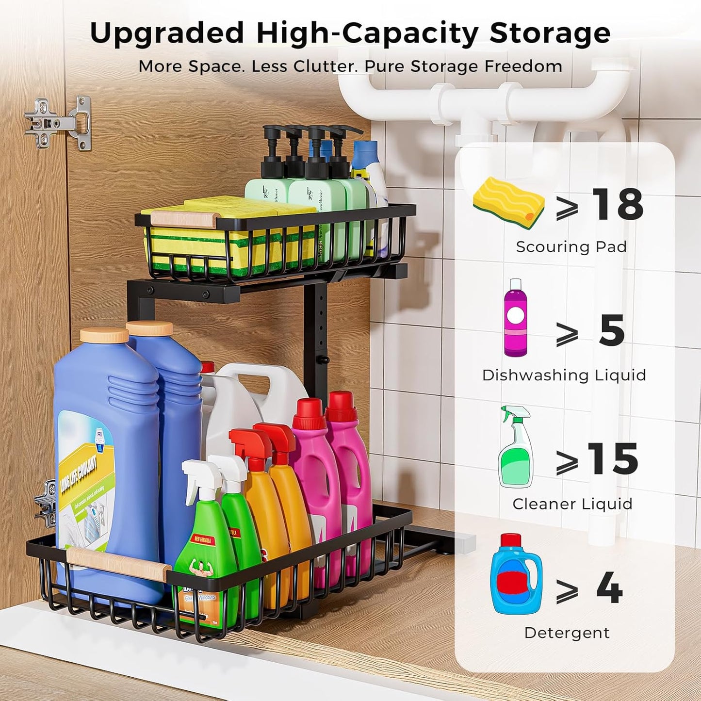Skiennix Under Sink Organizer - 2 Tier Sliding Storage Solution | Height Adjustable, Anti-Rust, Black