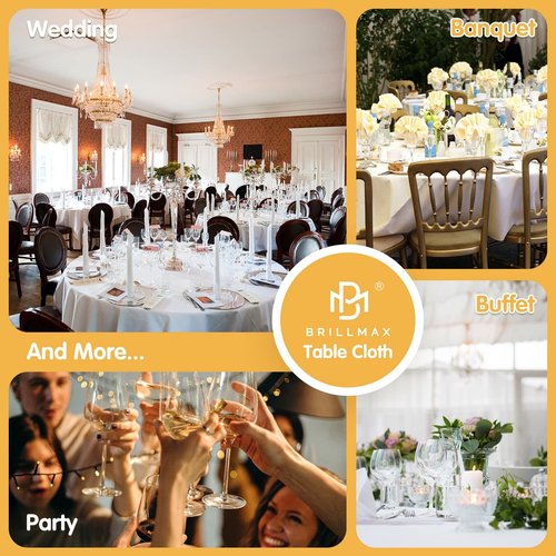 BRILLMAX 6 Pack White Round Tablecloths 90 Inch for 60” Tables - 150 GSM Polyester Fabric, 15" Standard Drop, Water, Stain & Wrinkle Resistant Cloth Cover for Wedding Reception Banquet Dining