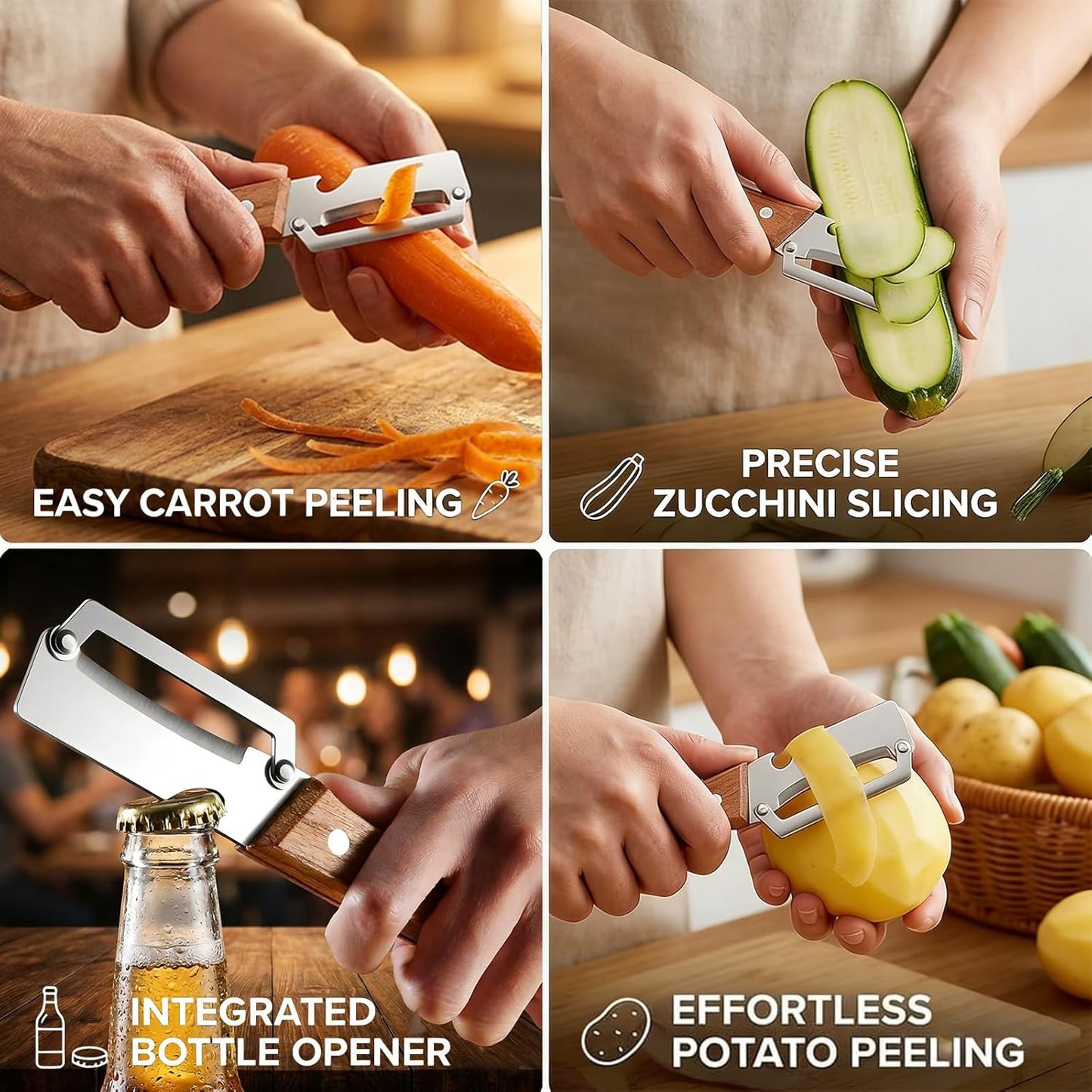 Skiennix 2-in-1 Multifunctional Vegetable Peeler - Stainless Steel Blade & Wooden Handle, Perfect Kitchen Tool Gift (2-Pack)