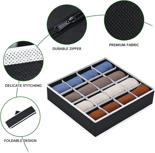 Homsorout Sock Organizers - 64-Cell Fabric Drawer Dividers for Socks & Ties | 4-Pack Black