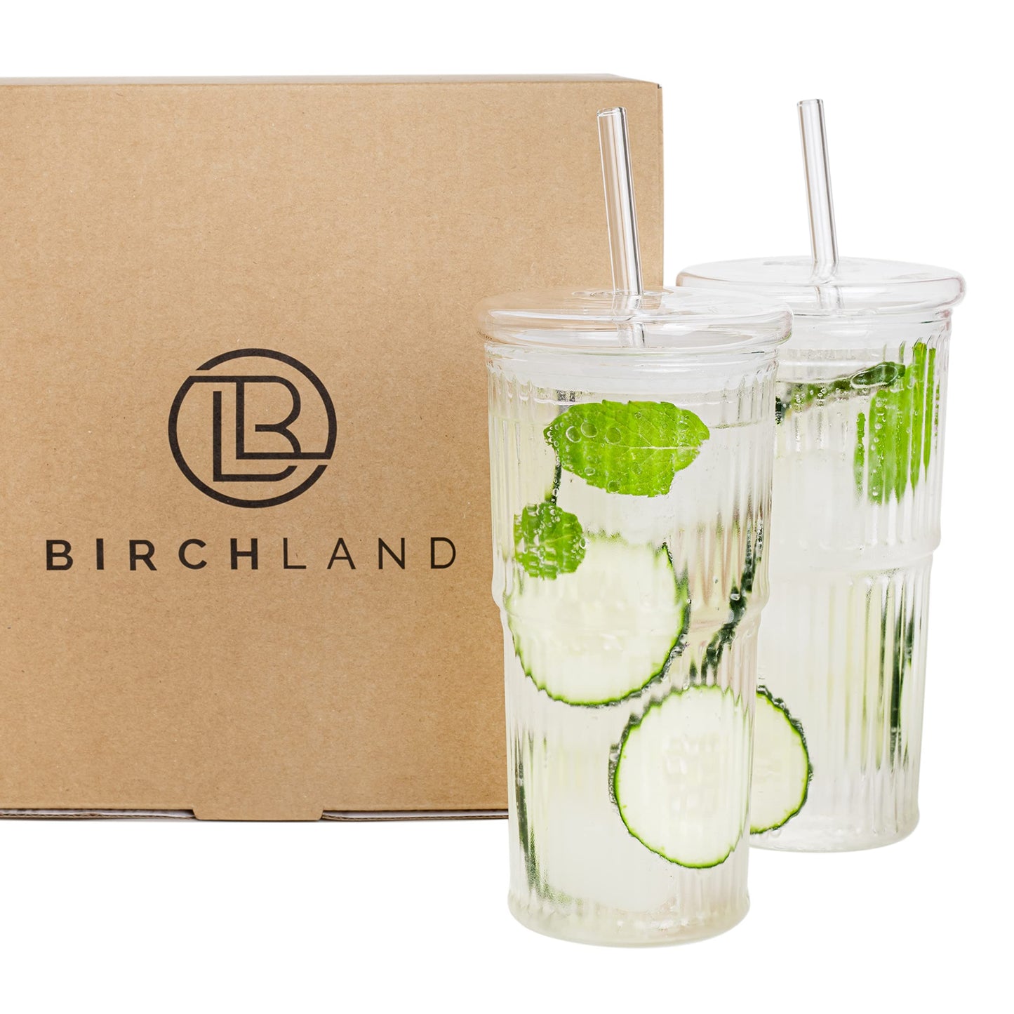 Birchland All Glass Iced Coffee Cup with Lid and Straw, Ribbed Glass Tumbler Set of 2 (22 oz ribbed)
