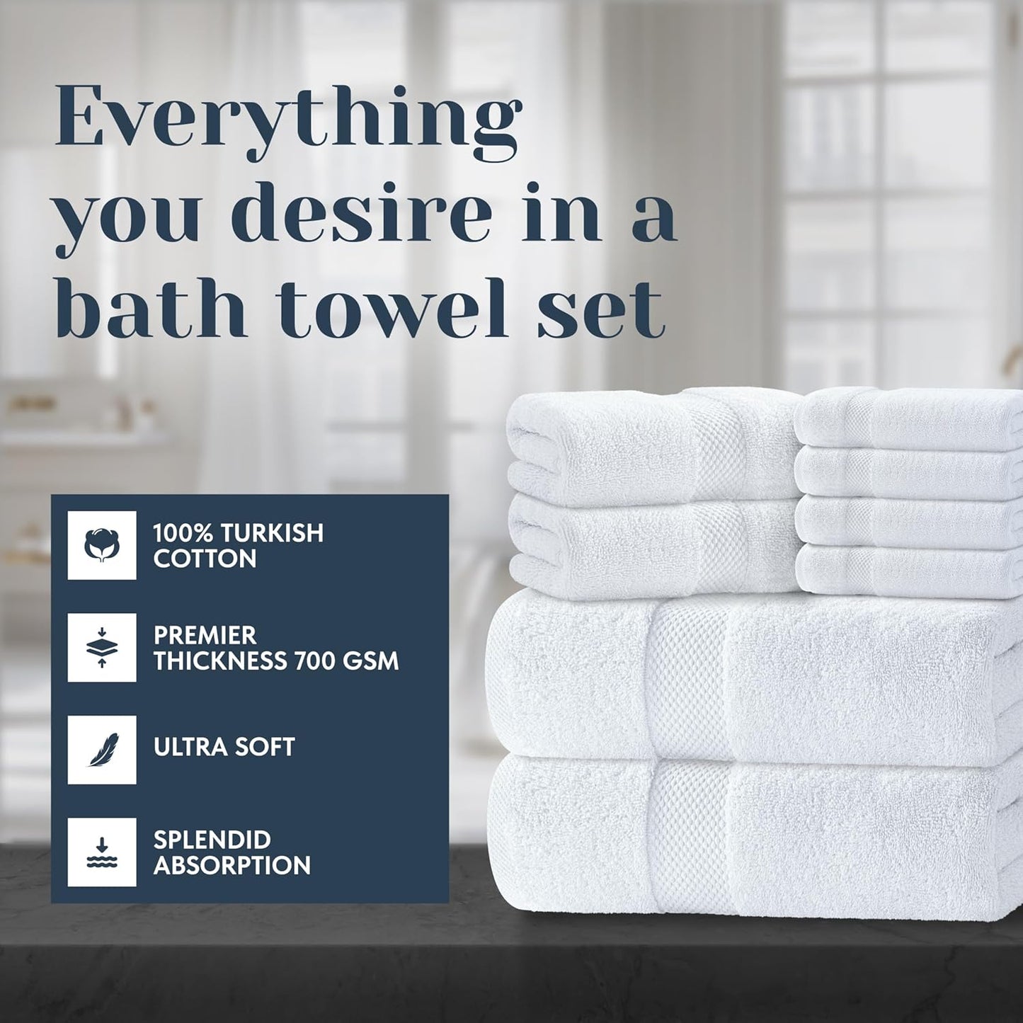 Luxury White Bath Towel Set - 100% Turkish Cotton, 700 GSM, Highly Absorbent | 8-Piece Collection