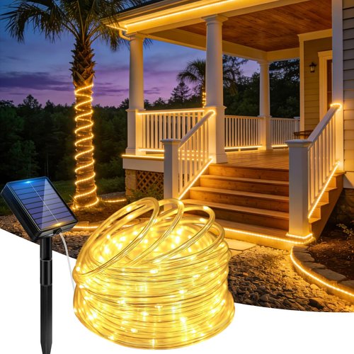 Fairdeer Solar Rope Lights, 33FT 100 LED Solar Fairy Lights with 8 Lighting Modes, IP65 Waterproof Strip Light Outdoor for Garden Yard Patio Deck Fence Tree Party Holiday Decoration, Warm White