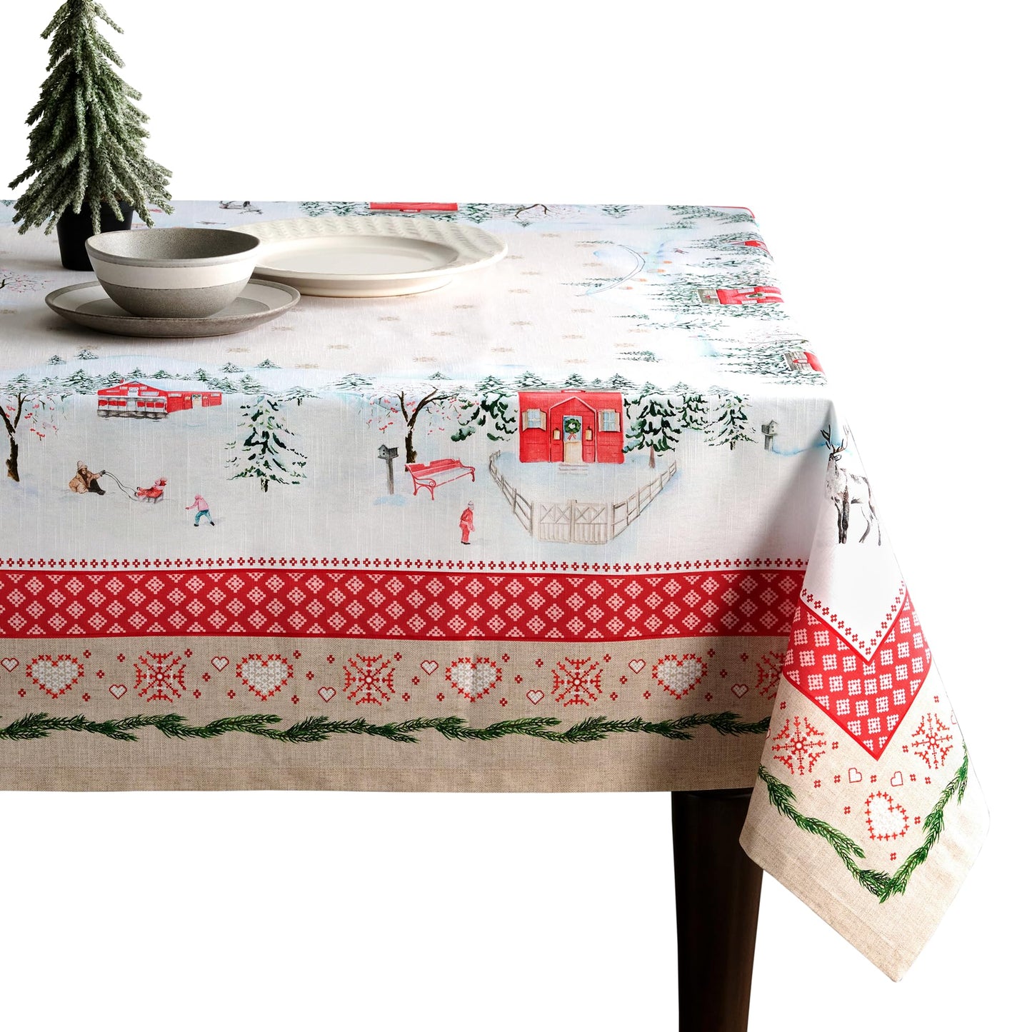Maison d' Hermine Table Cloth Rectangle Table 100% Cotton 70 x 120 Inches Fall Tablecloth Reusable Everyday Use for Thanksgiving Christmas Decorations Dining Farmhouse Party (Rural Christmas)