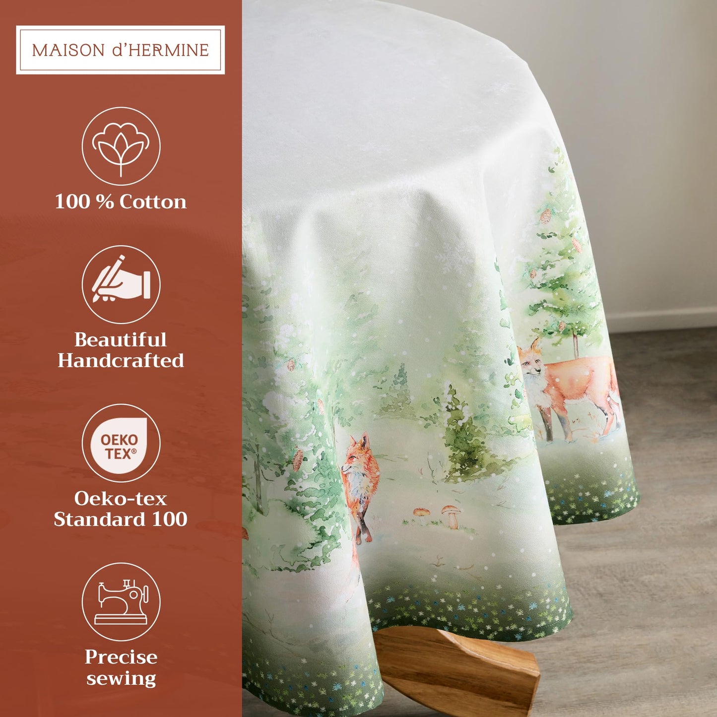 Maison d' Hermine Table Cloth Round Table 100% Cotton 63 Inches Fall Tablecloth Reusable Everyday Use for Thanksgiving Christmas Decorations Dining Farmhouse Party (Winter Mornings)