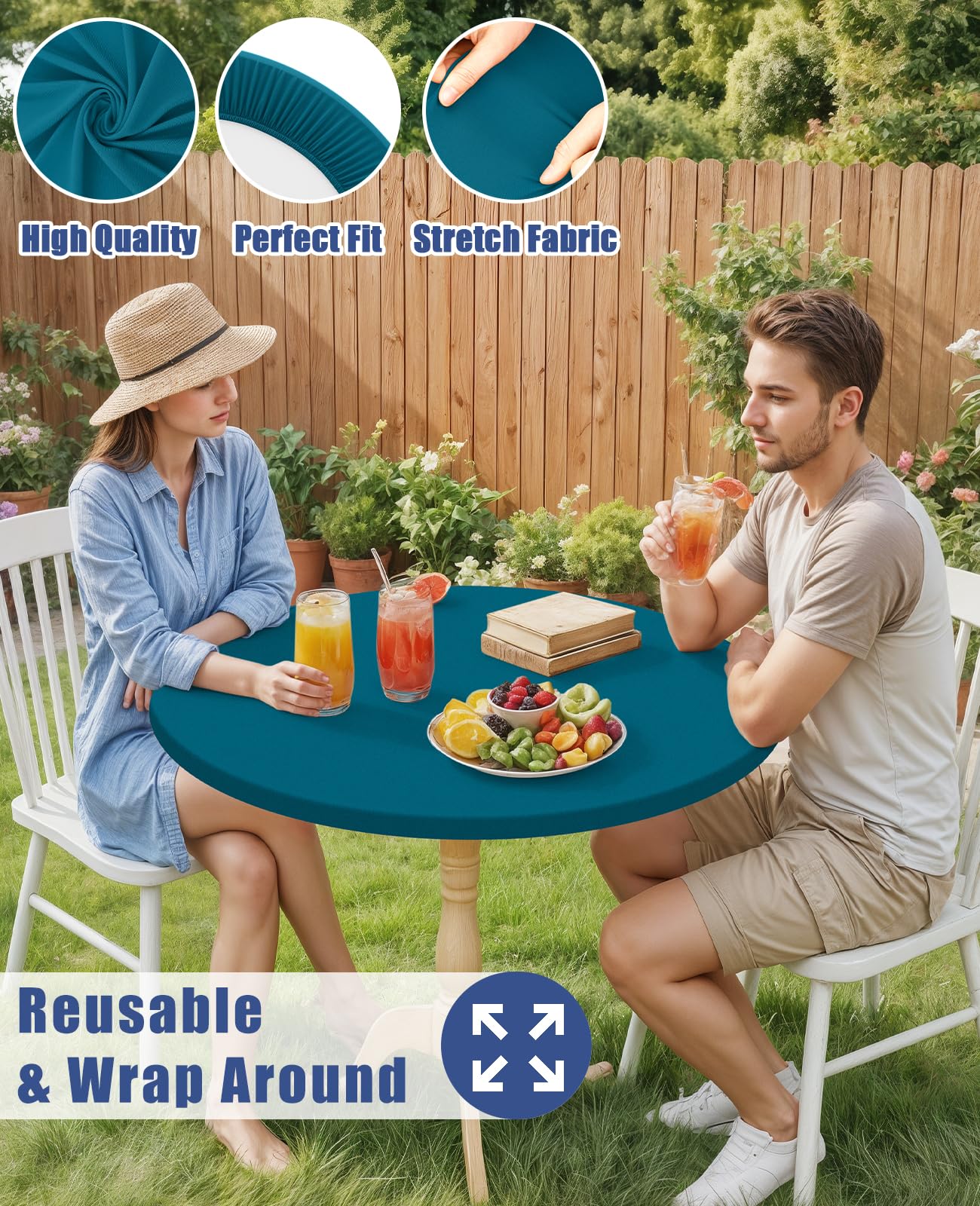 Moosfor Round Spandex Tablecloth, Elastic Fitted Waterproof Tablecloths for 57"-68" Tables, Stretch Washable Picnic Table Cover for Camping, Dining, Indoor and Outdoor,Peacock Blue