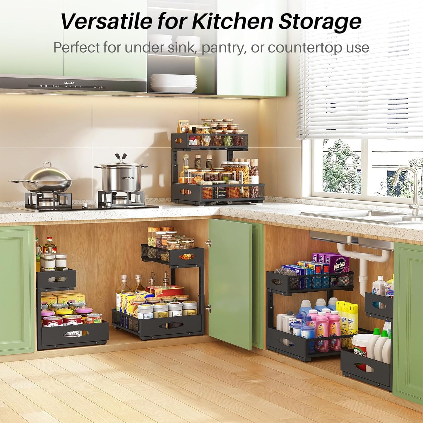 Under Sink Organizer | 2-Pack Metal Slide-Out Storage Shelf Rack - Adjustable Height, XL Black
