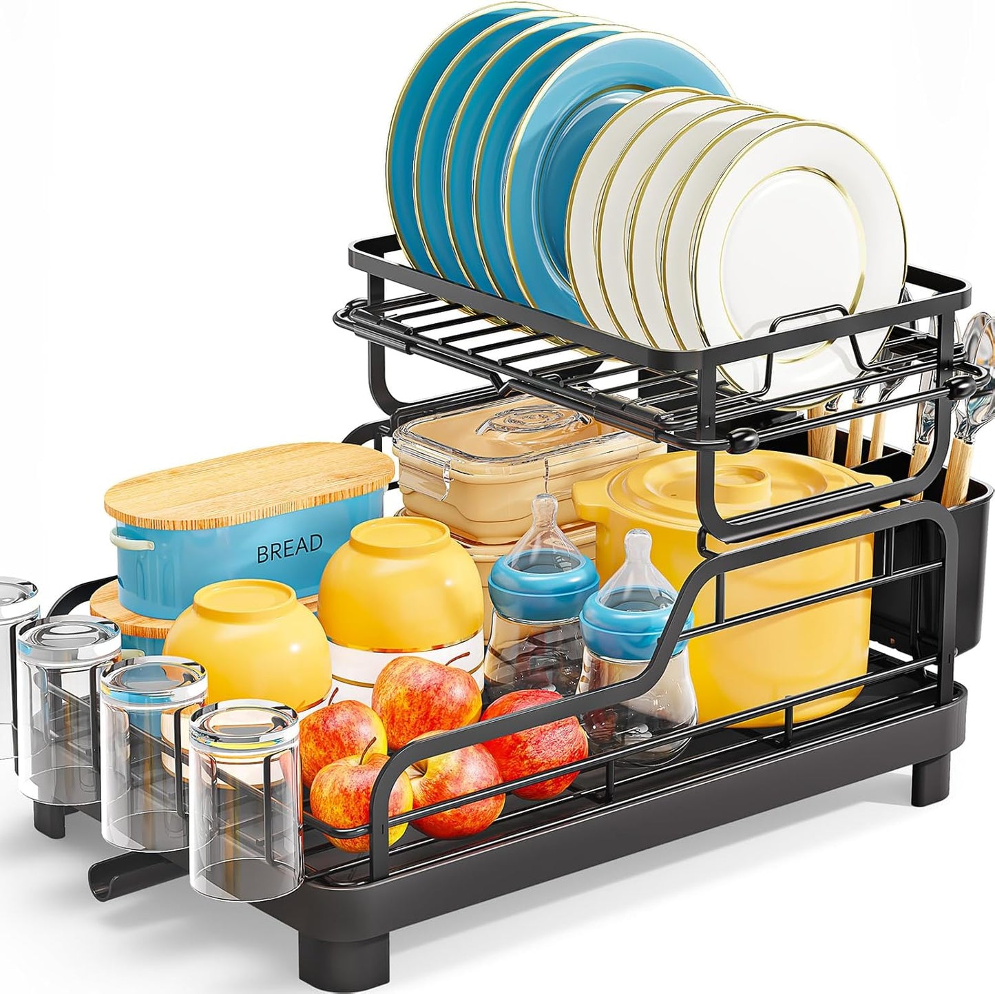 TOOLF Dish Drying Rack - 2-Tier Stainless Steel Kitchen Rack with Large Drainboard & Utensil Holders | Black