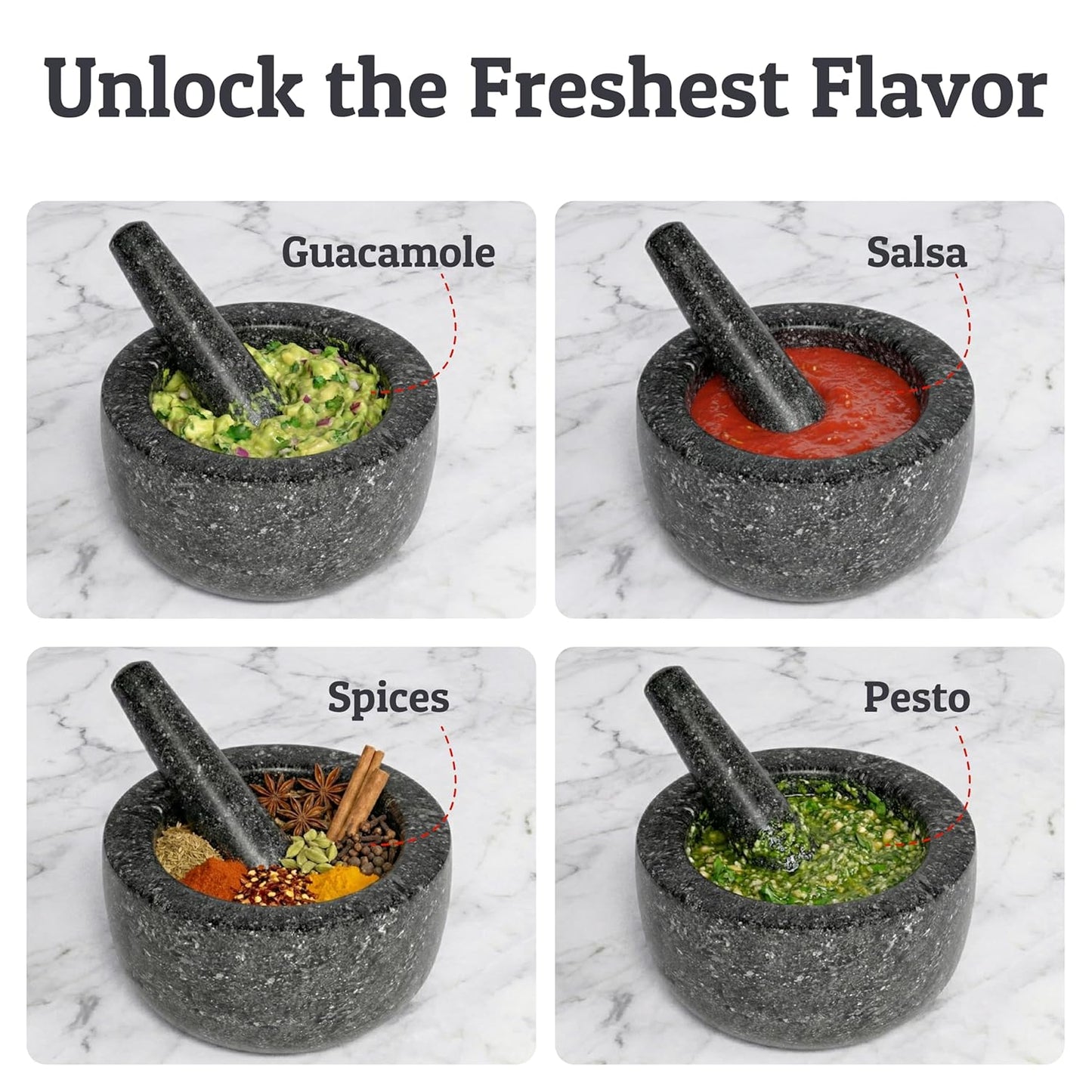 Priority Chef Heavy Duty Granite Mortar and Pestle Set - 2 Cup Capacity, Non-Slip Base, 6.3 Inch Black