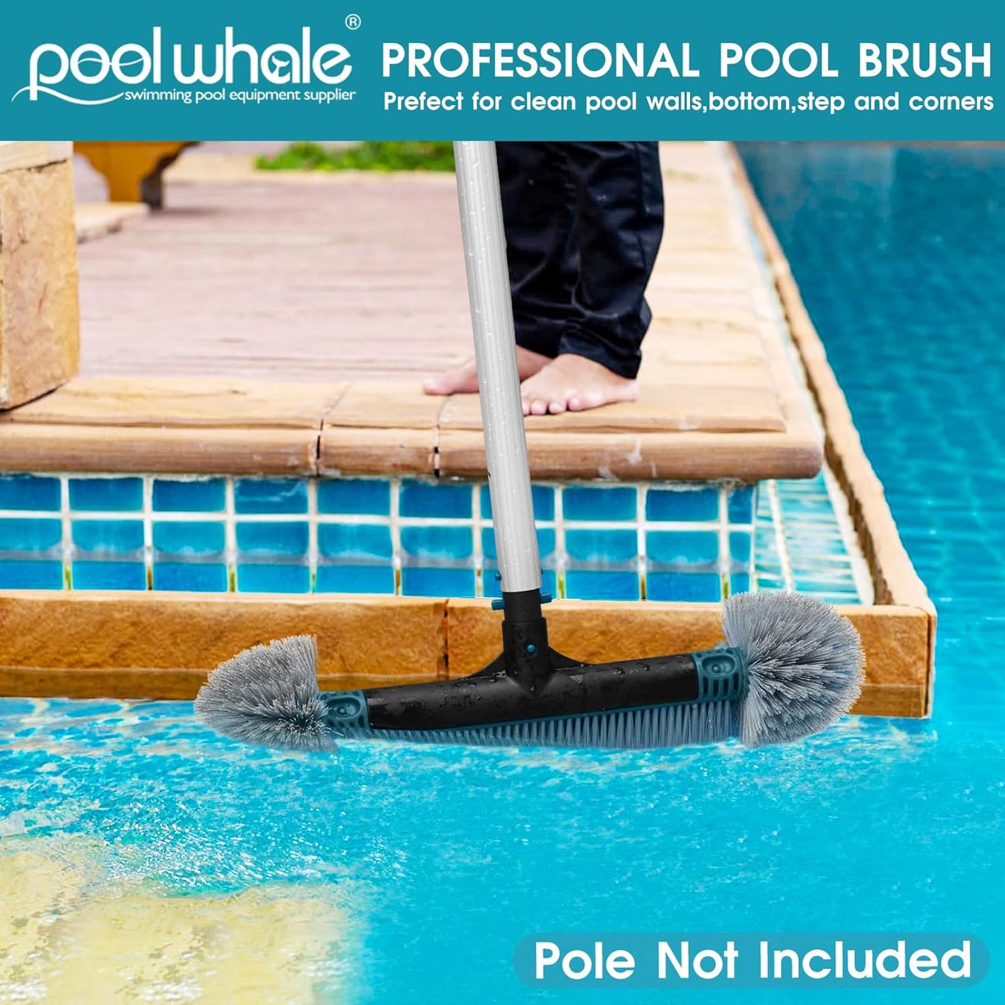 Skiennix 20'' Pool Brush Head - Detachable Cleaning Brush with Durable Nylon Bristles | EZ Clip Aluminum Handle for Quick Pool Maintenance