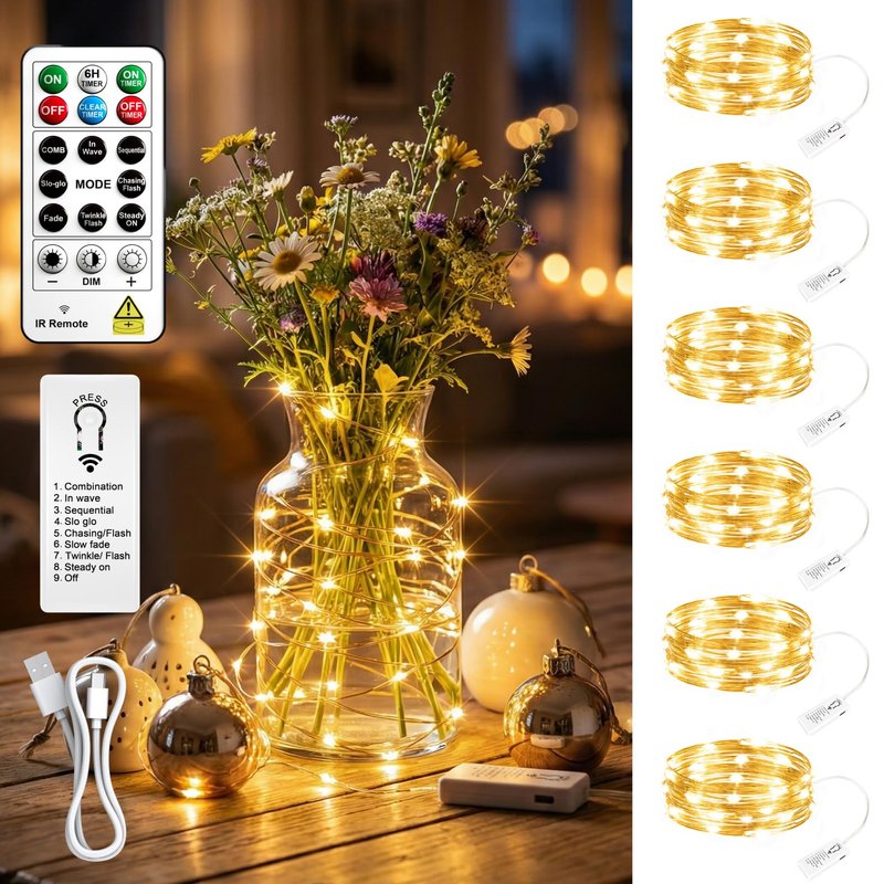 SINAMER 6 Pack Rechargeable Fairy Lights with Remote & DIY Timer, 7ft 20LED Dimmable Silver Wire String Light for Mason Jar, Mini Twinkle Lights for Indoor Christmas Bedroom Wedding Decor, Warm White