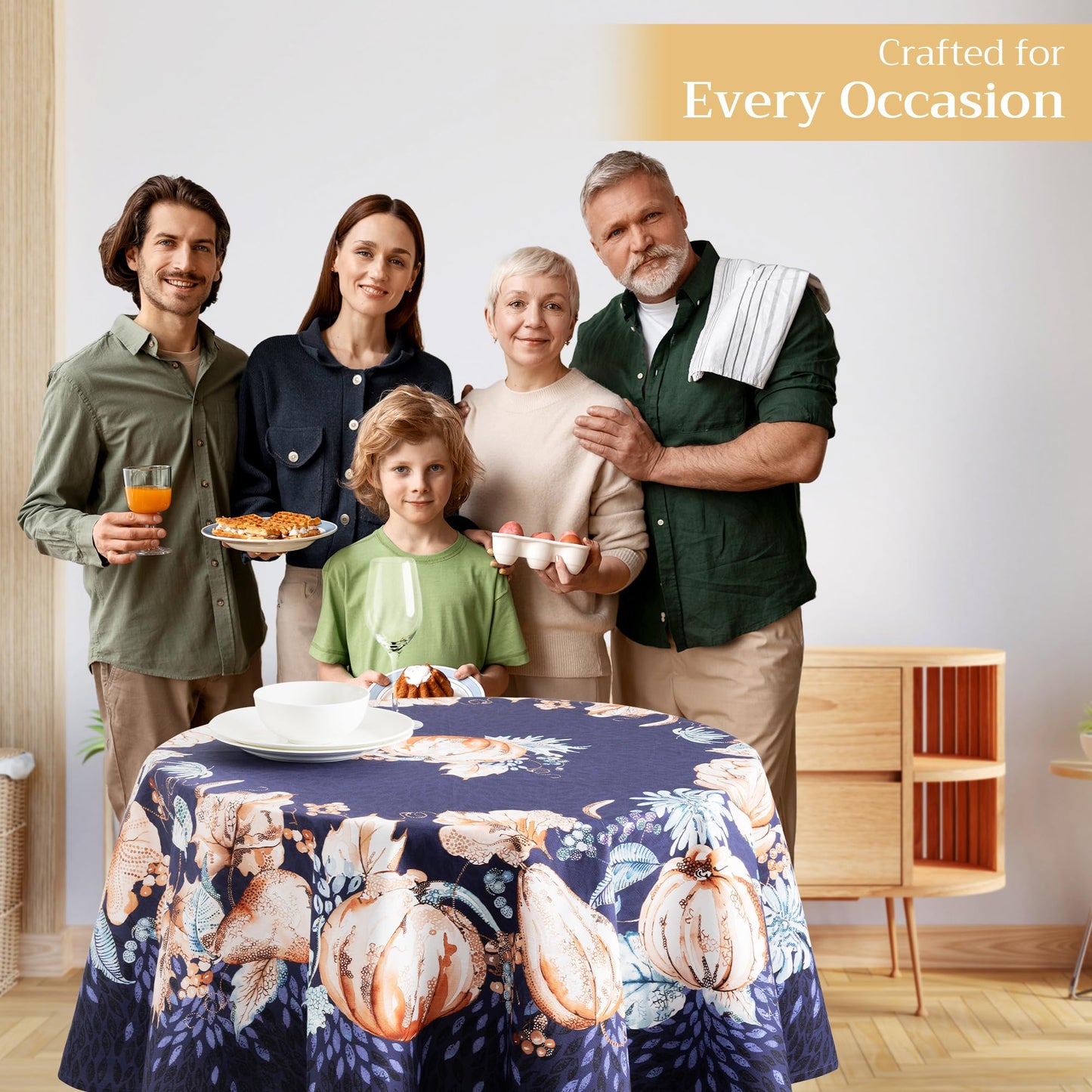 Maison d' Hermine Table Cloth Round Table 100% Cotton 69 Inches Fall Tablecloth Reusable Everyday Use for Thanksgiving Christmas Decorations Dining Farmhouse Party (Pumpkin Blues)