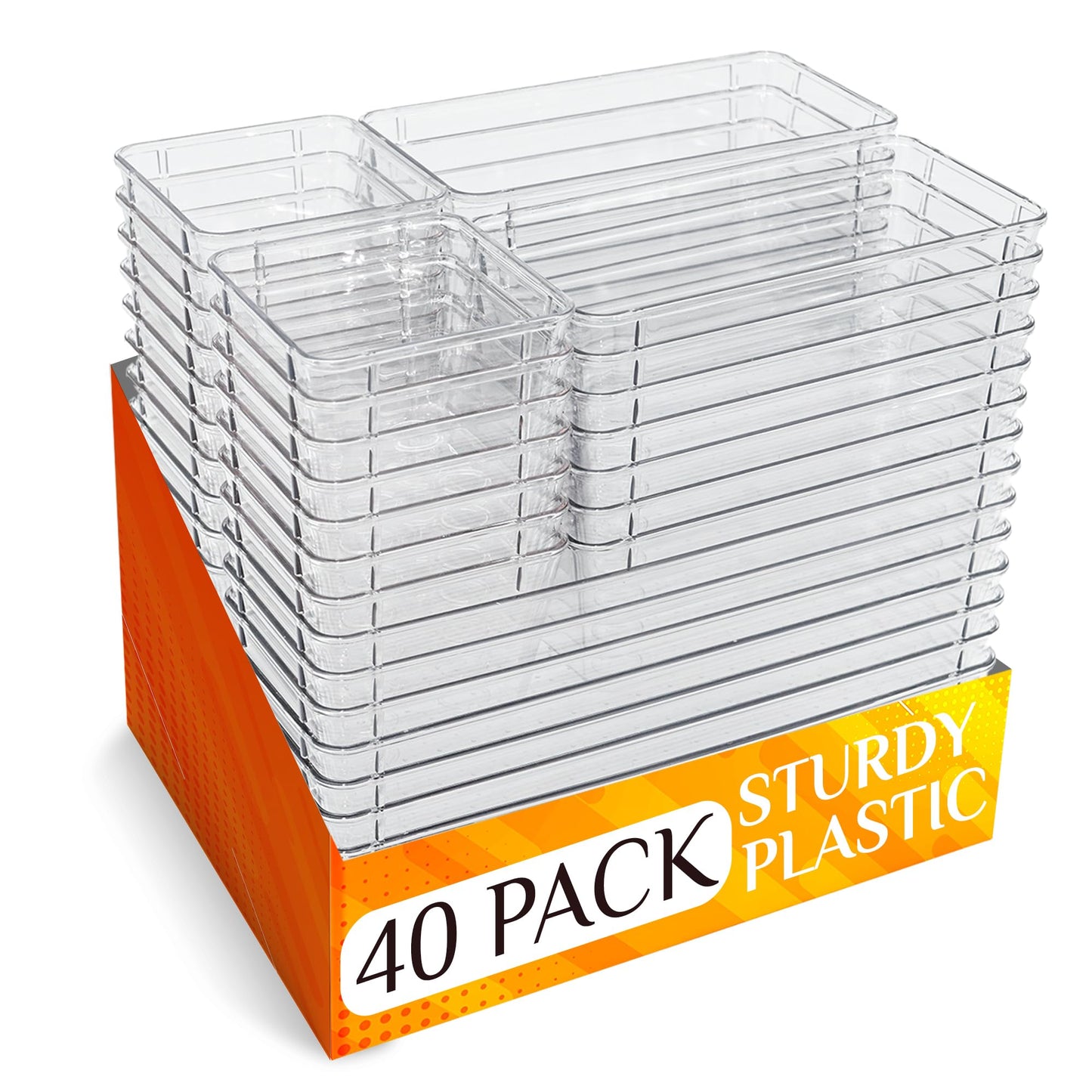 Beezort 40 PCS Clear Drawer Organizer Set, BPA-Free PET Plastic Trays with Non-Slip Pads, Nesting Storage Organizers for Kitchen Drawer, Bathroom, Vanity Makeup, Office Desk