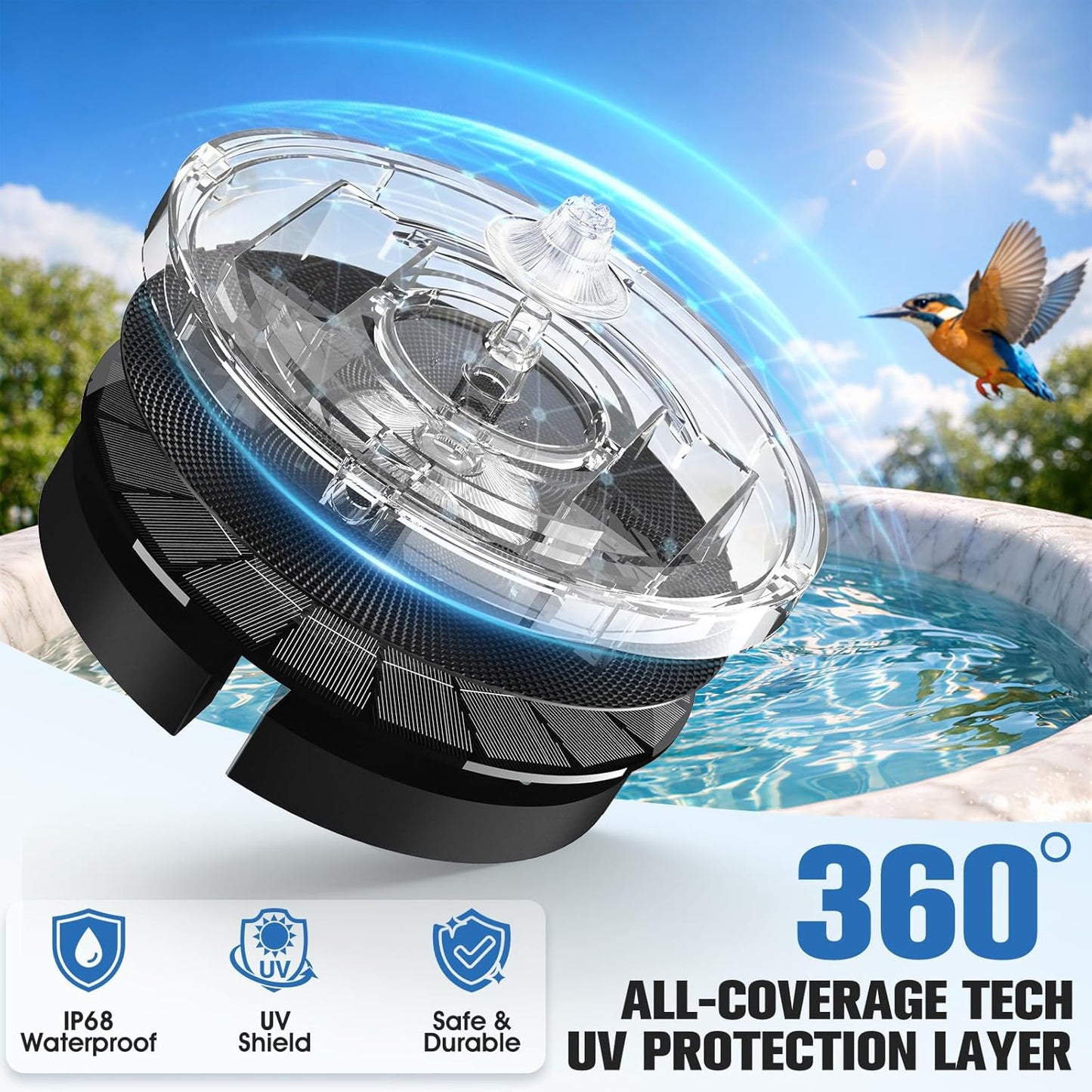 Skiennix 4000mAh Solar Fountain - 3 Spray Solar Powered Bird Bath Pump with Lights for Outdoor Garden