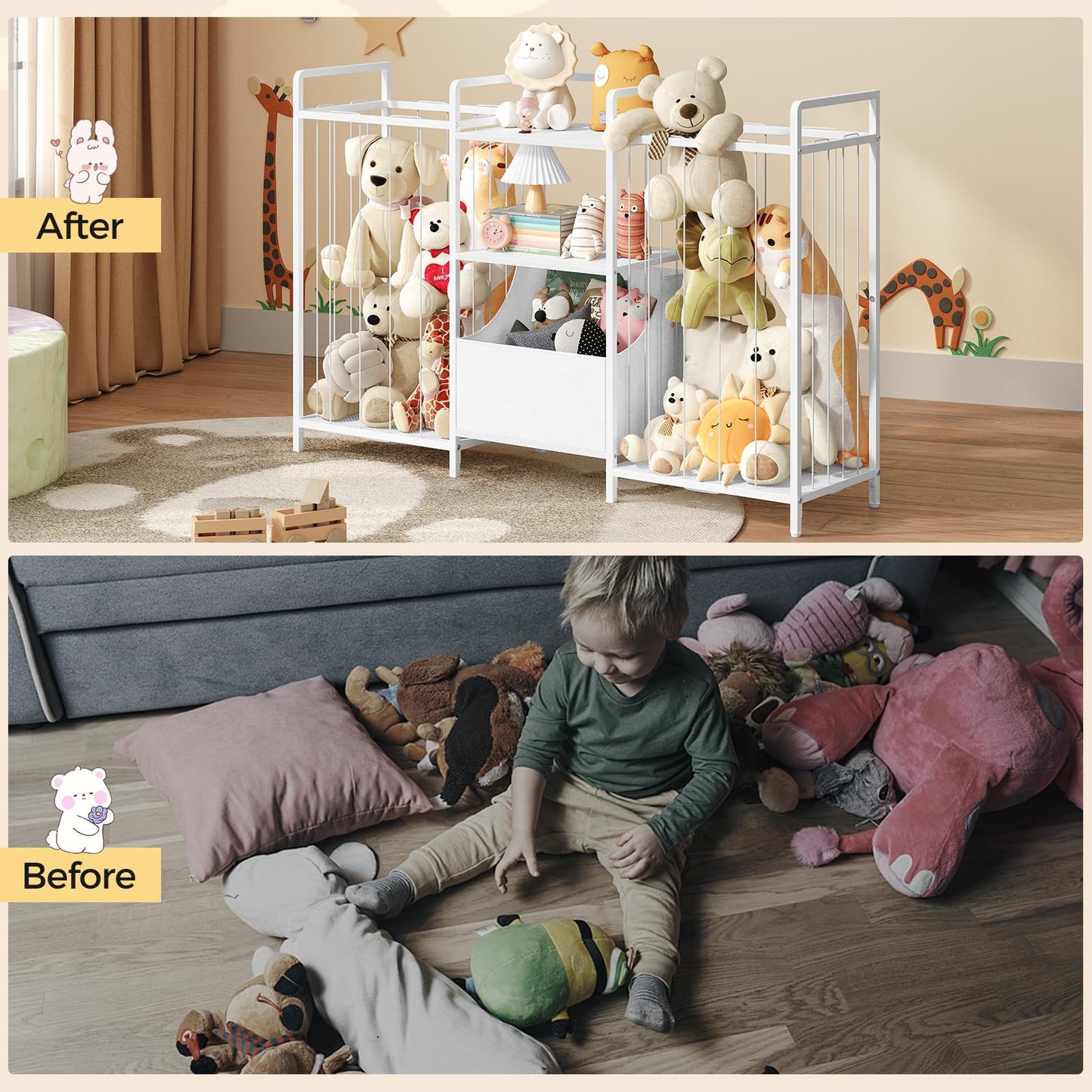 MAHANCRIS Stuffed Animal Storage, Large Stuffed Animal Net with Kids Bookshelf and Toy Storage, Double-Sided Plush Toy Holder with Movable Fabric Box for Kids Room, Playroom, Nursery, White TBWT17101