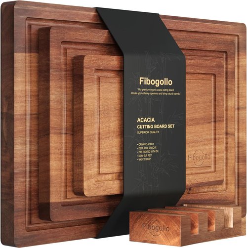 Fibogollo Acacia Wood Cutting Boards Set of 3 - Juice Groove, Serving Board & Holder for Meat, Vegetables, Fruit