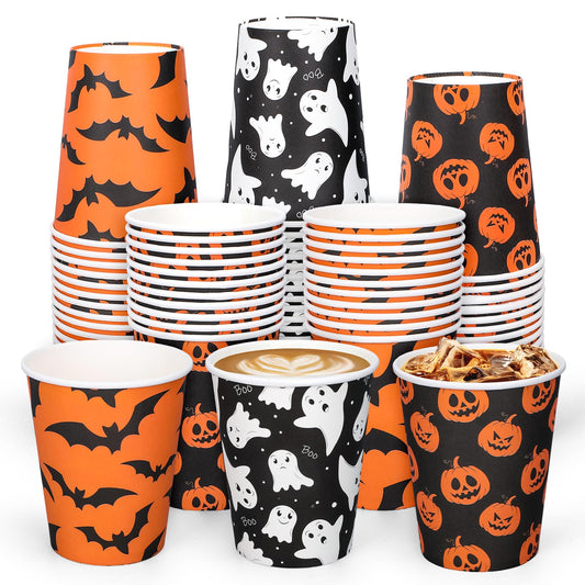 Whaline 120Pcs Halloween Paper Cups Pumpkin Ghost Bats Disposable Cups 3 Designs Black Orange Party Cups for Cold Hot Drink Table Decor Supplies, 9 Oz