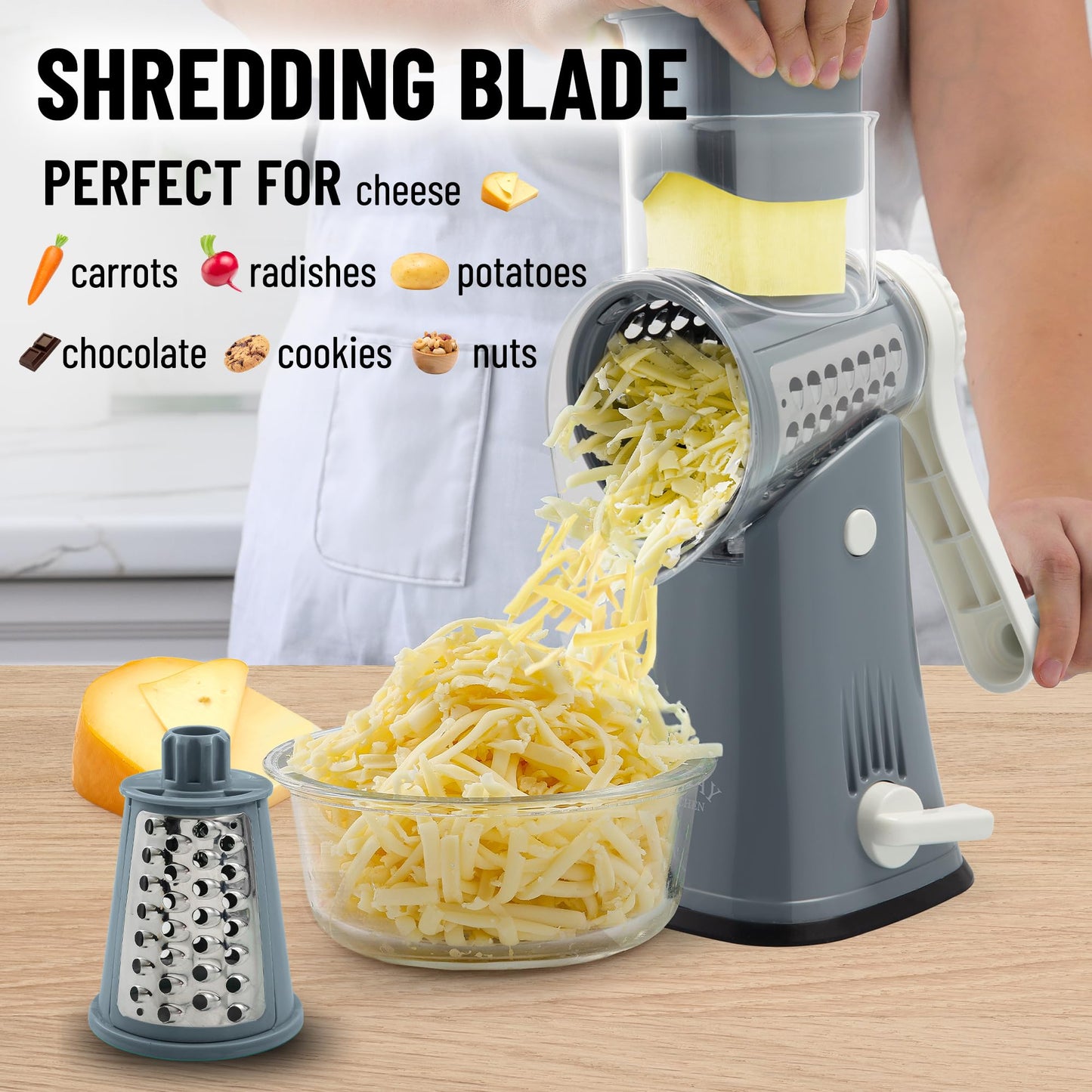 Zulay Rotary Cheese Grater 5 Blade Cheese Shredder - Manual Hand Crank Cheese Grater With Reinforced Suction & 5 Interchangeable Drums - Easy to Use Vegetable Chopper - Cloud Whisper
