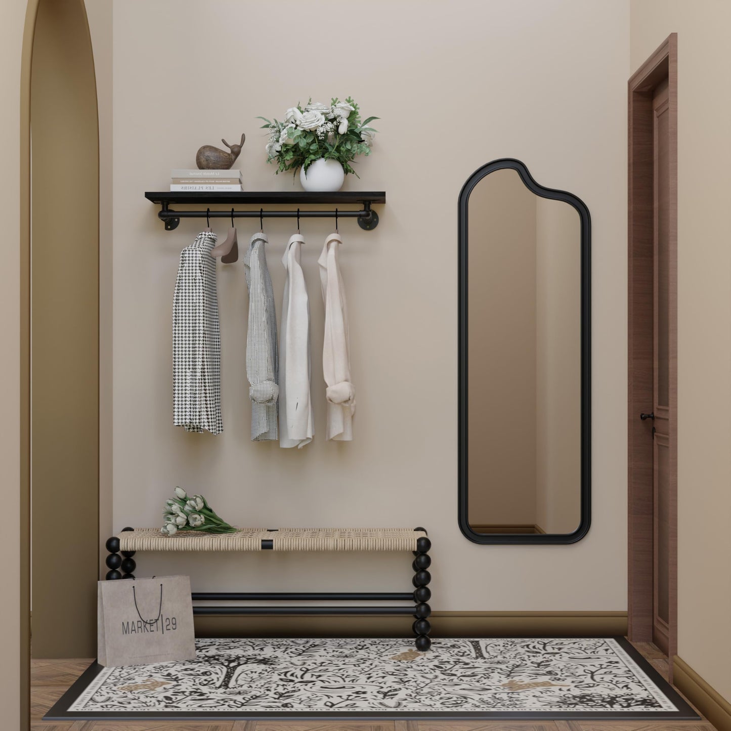 TEDIDUWA Black Clothes Rack 36in, Wall Mounted Garment Rack with Black Real Wood Shelf, Heavy Duty Hanging Clothes Rack, Multi-Purpose Hanging Rod, Space-Saving Closet Storage