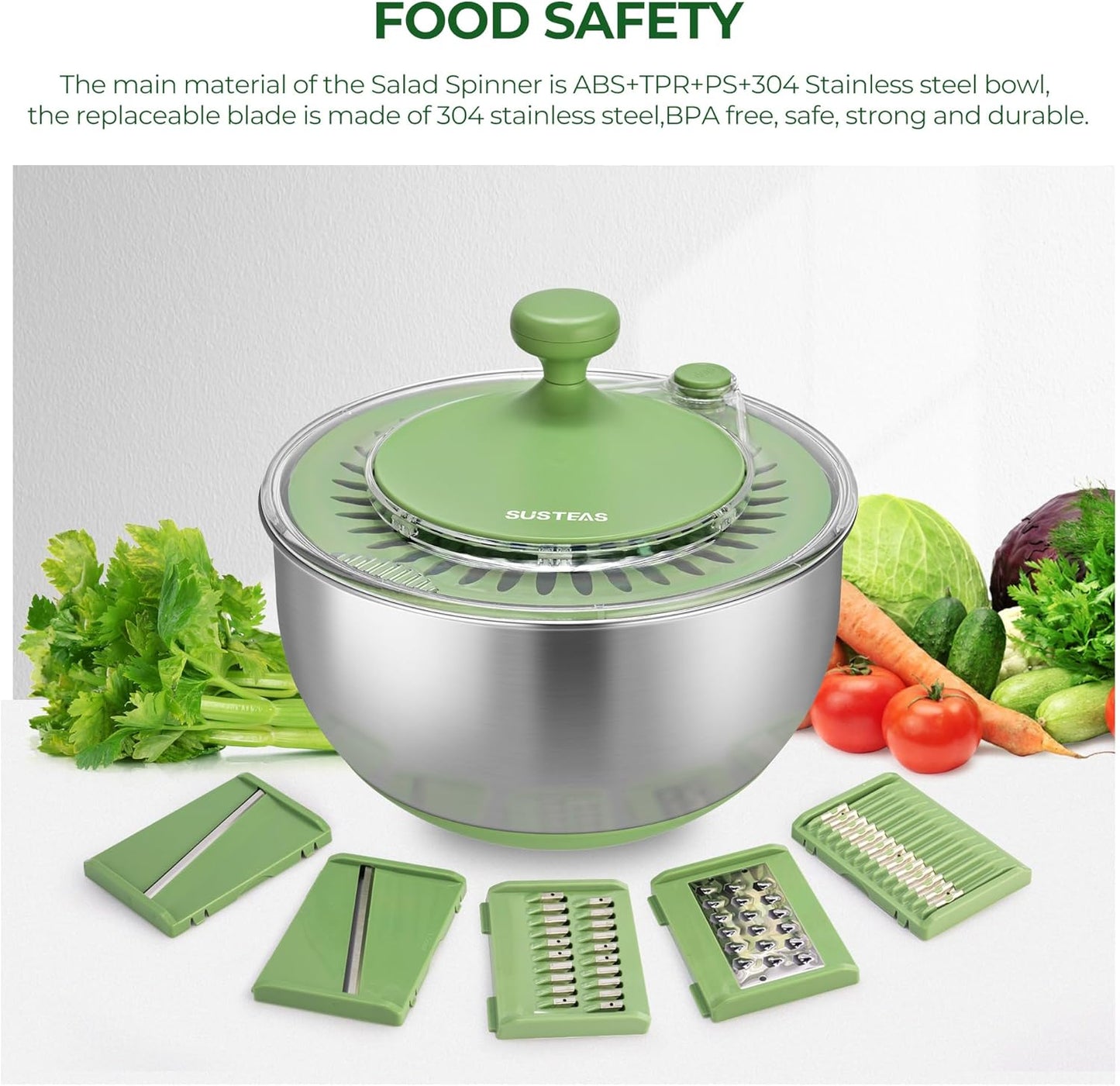 SUSTEAS Stainless Steel Salad Spinner - Large 4.25Qt Bowl for Efficient Vegetable Washing & Salad Prep
