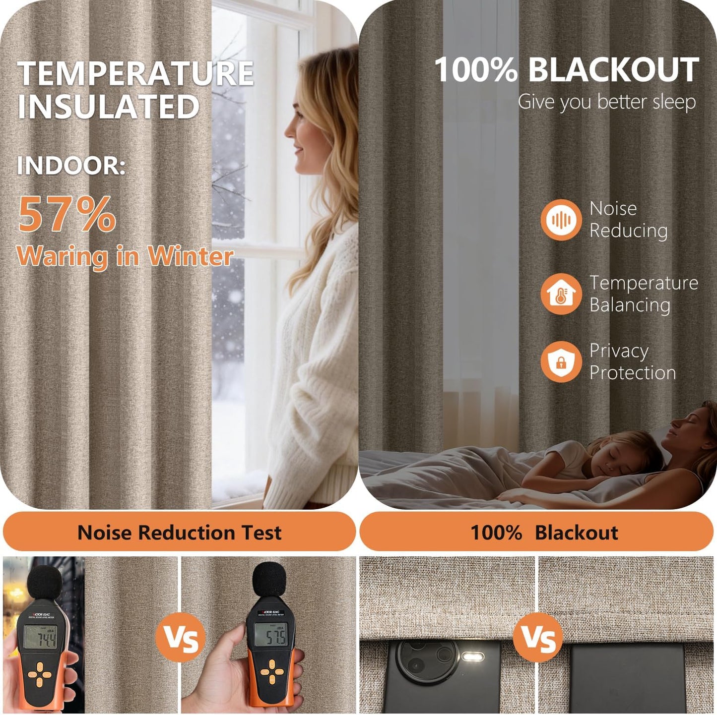 Skiennix 100% Blackout Curtains - Double-Sided Linen Texture, Thermal Insulated Drapes | 2 Panels, 42 x 63 Inch