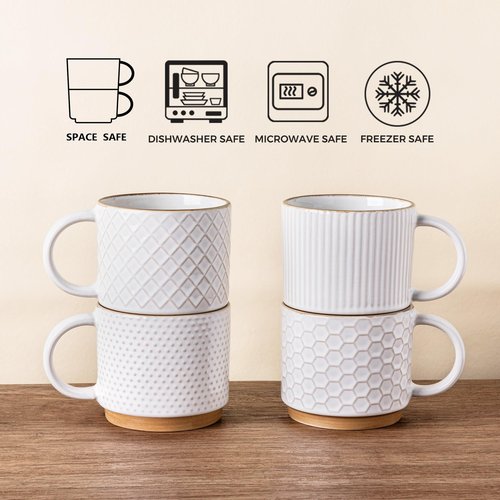 GBHOME 12OZ Stackable Coffee Mugs, Ceramic Coffee Mugs with Texture Patterns for Man,Woman,Dad,Mom, Modern Coffee Mugs Set of 4 for Latte/Cappuccino/Cocoa. Dishwasher&Microwave Safe, Off White