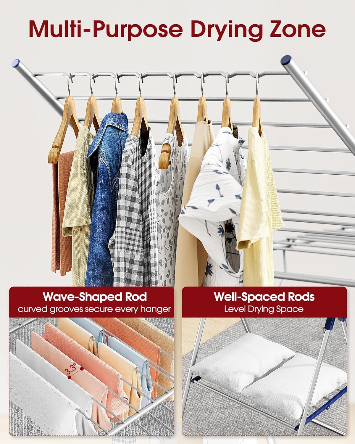 Sakugi Clothes Drying Rack - Height-Adjustable Metal Laundry Dryer Stand for Indoor & Outdoor Use | 55.5" L × 22.8" W, Silver Blue