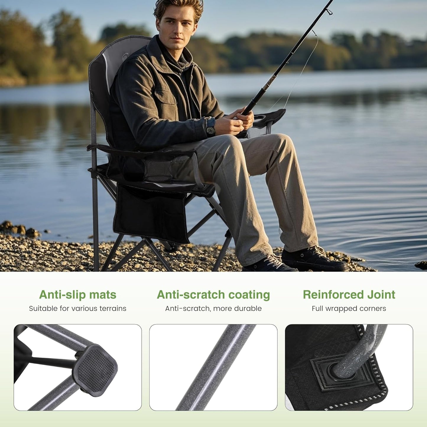 LET'S CAMP Oversized Camping Chair - Heavy Duty 350 LBS Capacity, 2 Pack with Cup Holder & Storage Bag | Grey