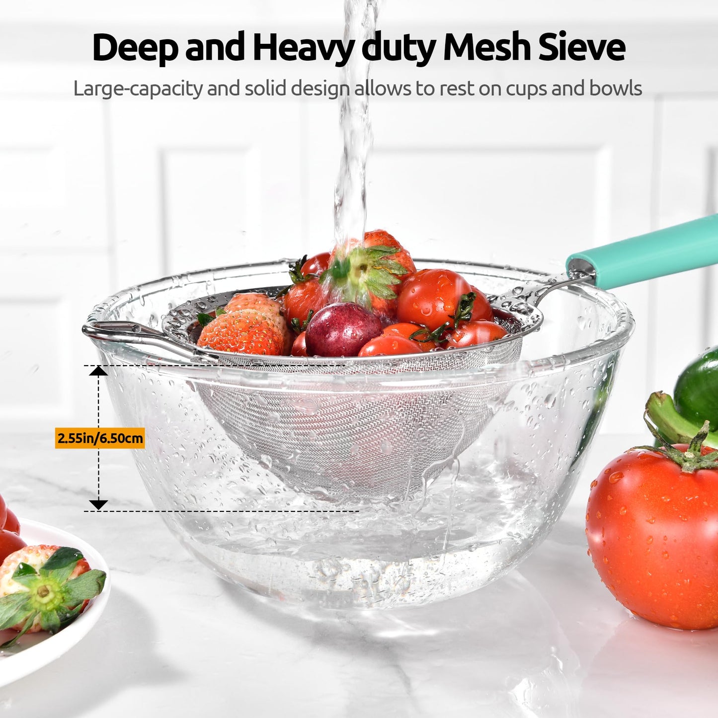 U-Taste Medium Fine Mesh Strainer: 18/8 Stainless Steel 4.73in 30 Mesh Kitchen Food Sieve with Sturdy Riveted Silicone Handle, Heavy Duty Deep Handheld Metal Colander for Rice, Quinoa, Flour(Aqua Sky)