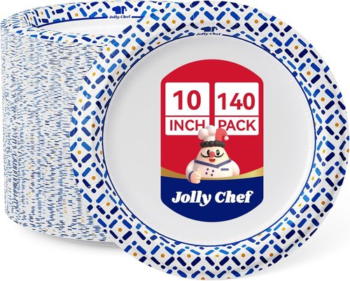 JOLLY CHEF 10-Inch Disposable Paper Plates - 140 Count, Soak-Proof & Cut-Proof for Parties & Picnics