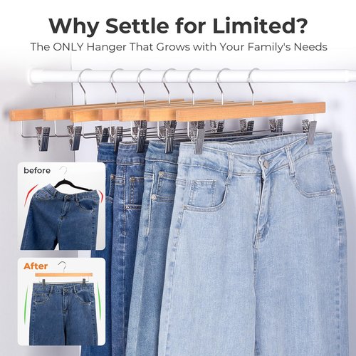 HOUSE DAY Premium Wooden Pants Hangers 25 Pack, Solid Lotus Wood Skirt Hangers with 2-Adjustable Clips, Heavy Duty & Anti Slip Wood Bottom Hanger for Slacks, Jeans, Trousers, Shorts (Natural)