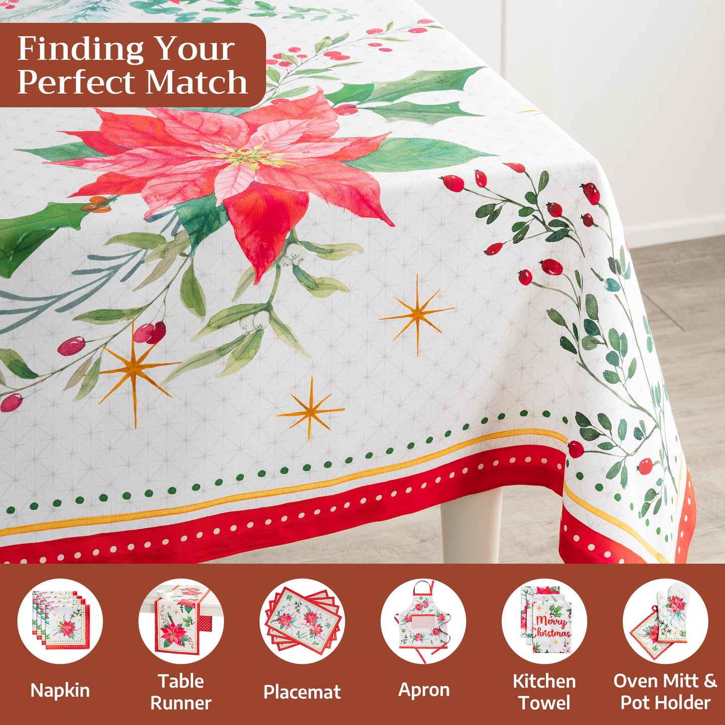 Maison d' Hermine Table Cloth Rectangle Table 100% Cotton 70 x 120 Inches Fall Tablecloth Reusable Everyday Use for Thanksgiving Christmas Decorations Dining Farmhouse Party (Poinsettia Christmas)