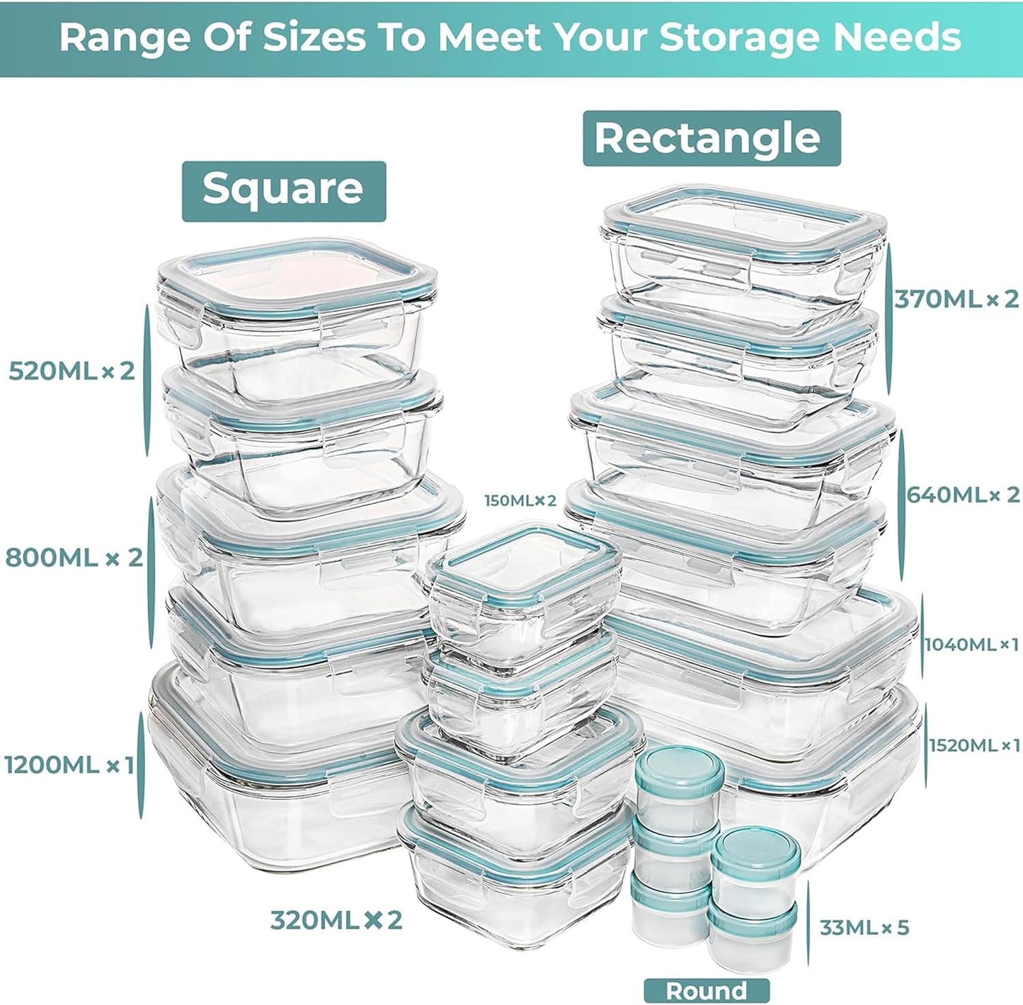 Razab 35-Piece Glass Food Storage Container Set - Airtight, BPA-Free Meal Prep Bento Boxes | 100% Leak Proof