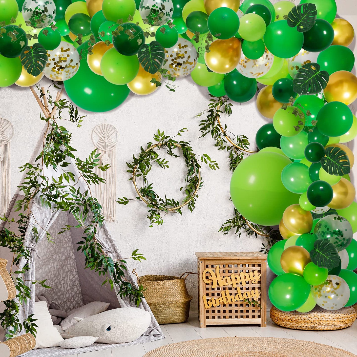 RUBFAC 159pcs Jungle Balloon Garland Arch Kit, Gold Lime Green Balloons Decoration with Artificial Turtle Leafs for Wild One Birthday Party, Safari Tropical Theme Baby Shower Supply