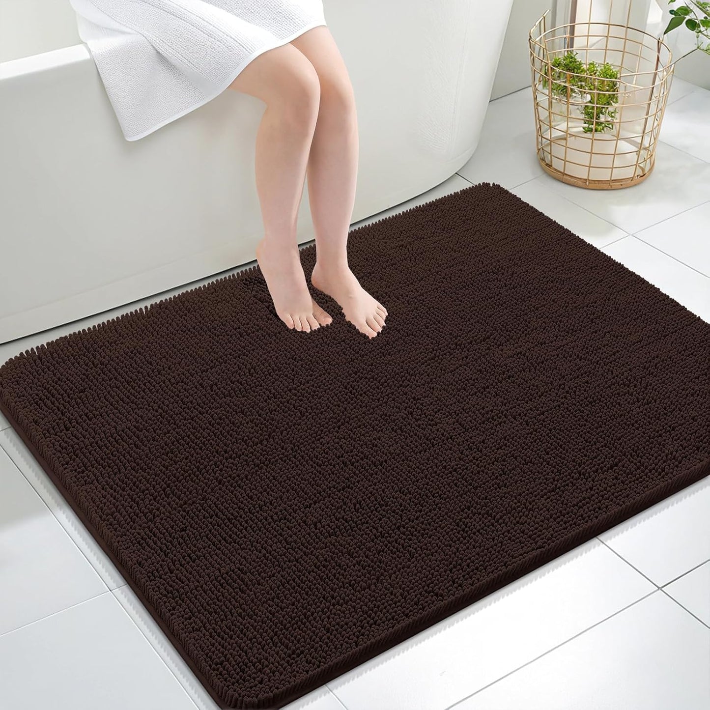 OLANLY Large Bathroom Rugs - Extra Soft Chenille Bath Mats with Rubber Backing | 40x32, Quick Dry, Brown