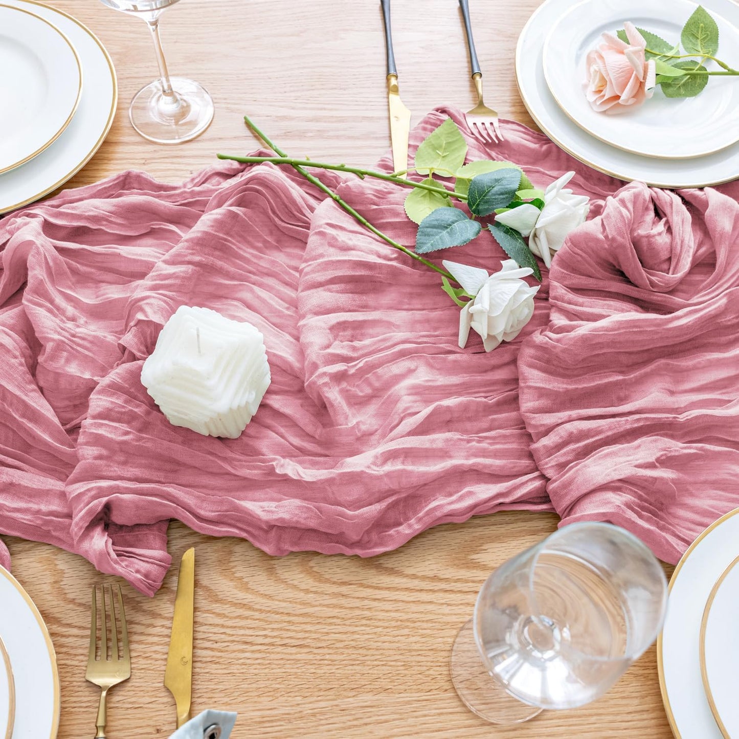 Wokceer Cheesecloth Table Runner - 10FT Pink Boho Gauze for Rustic Party & Wedding Decor | 6-Pack
