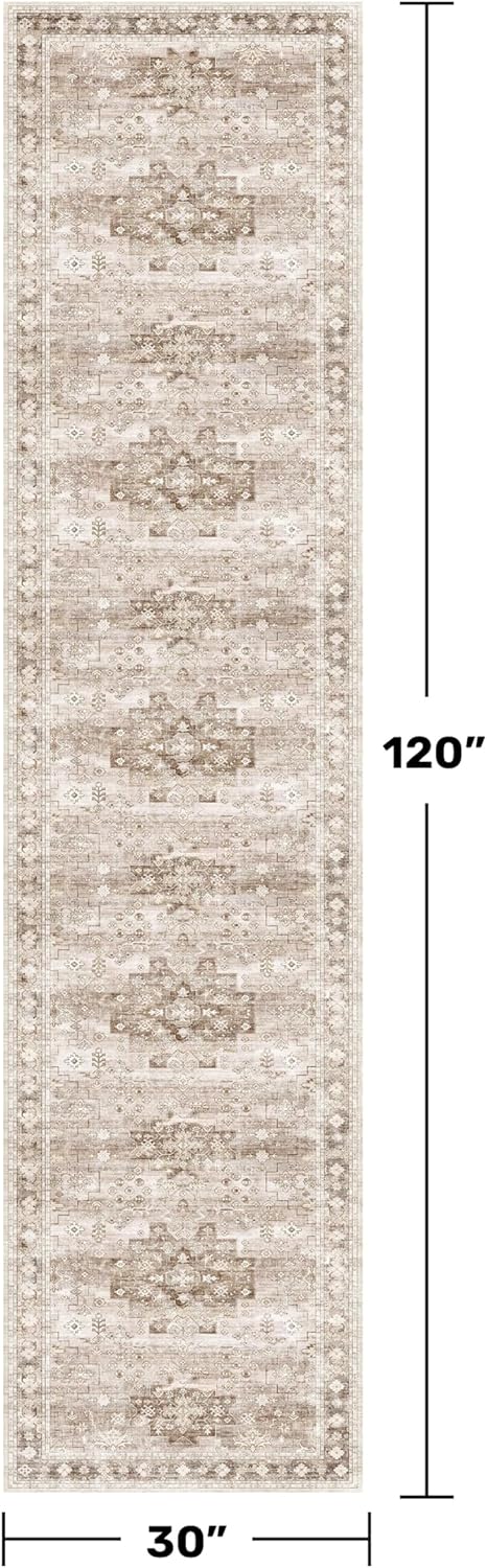 Regine Switzerland Beige Washable Runner Rug - Extra Long 2'6"x10' | Non-Slip, Stain Resistant, Boho Floral Decor