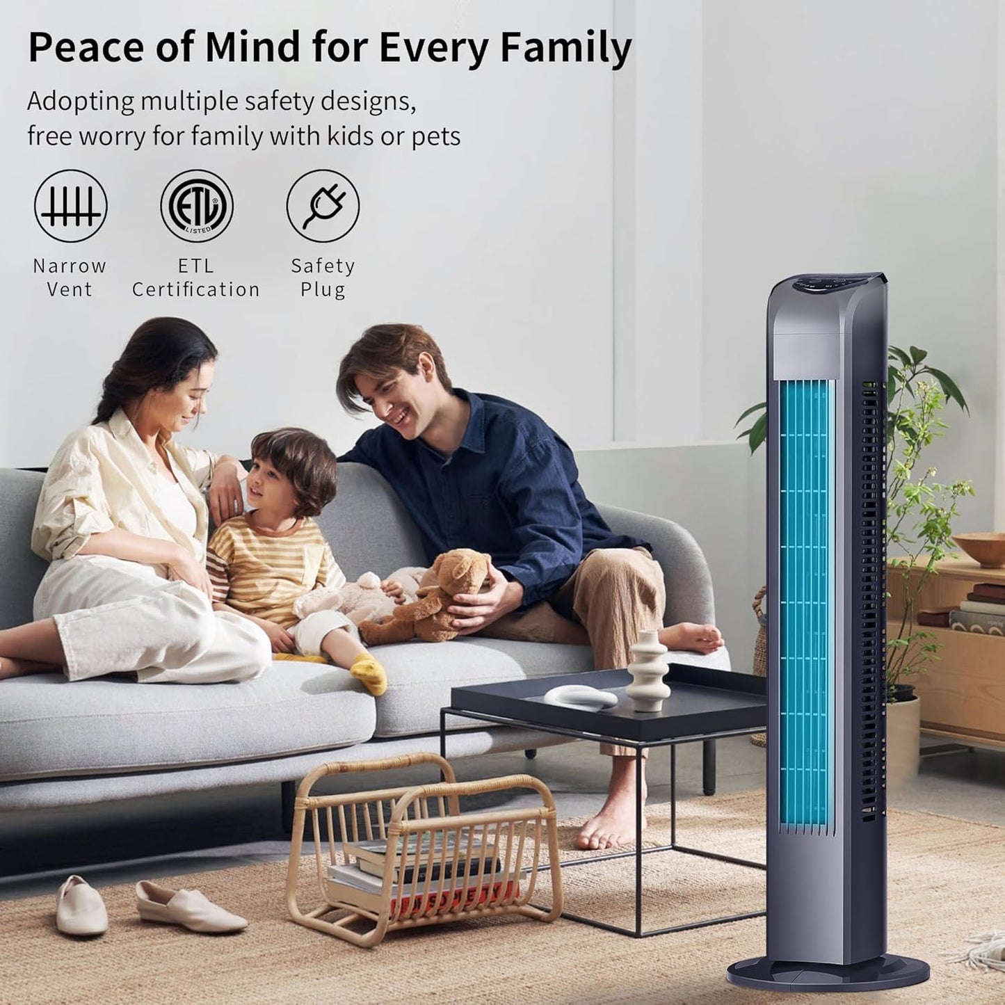 Uthfy Bladeless Tower Fan - 120° Oscillation, Remote Control, 3 Modes, 30 Inch, Black