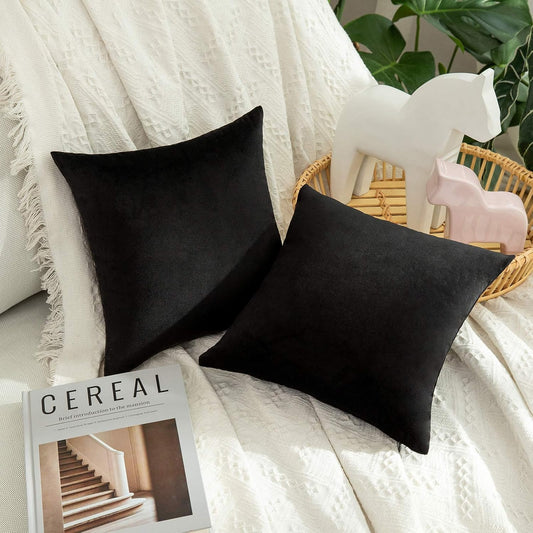 MIULEE Velvet Throw Pillow Covers - Soft Black Decorative 12x12 Inch Cushions | Pack of 2 for Modern Home Decor